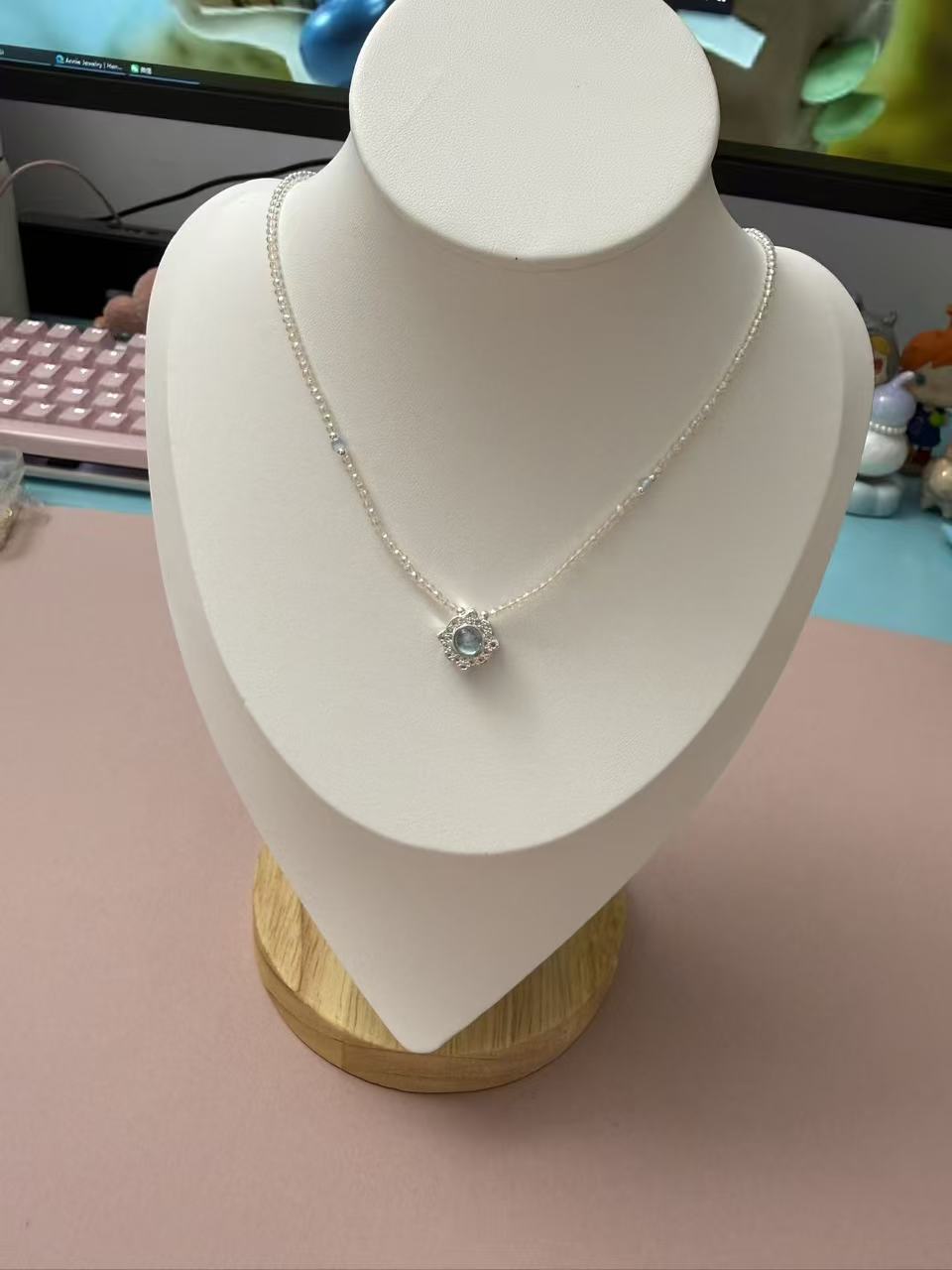 Dainty Silver Necklace with Blue Zircon Halo Pendant - Sparkling Crystal Beaded Chain for Women N119
