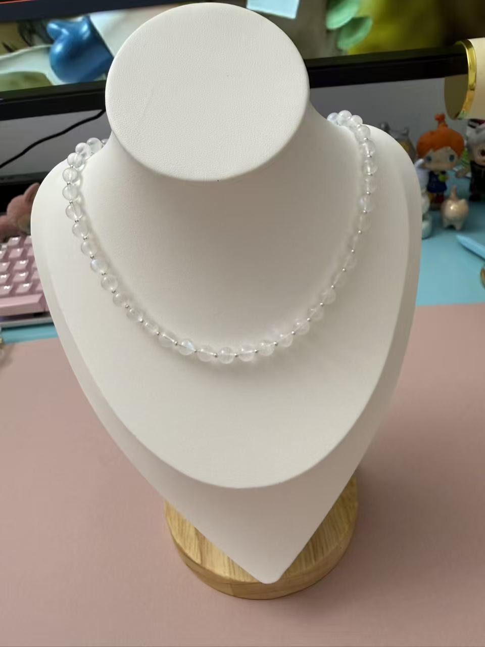 Dainty White Moonstone Beaded Necklace - Natural Moonstone Choker with Silver Accents for Women N125