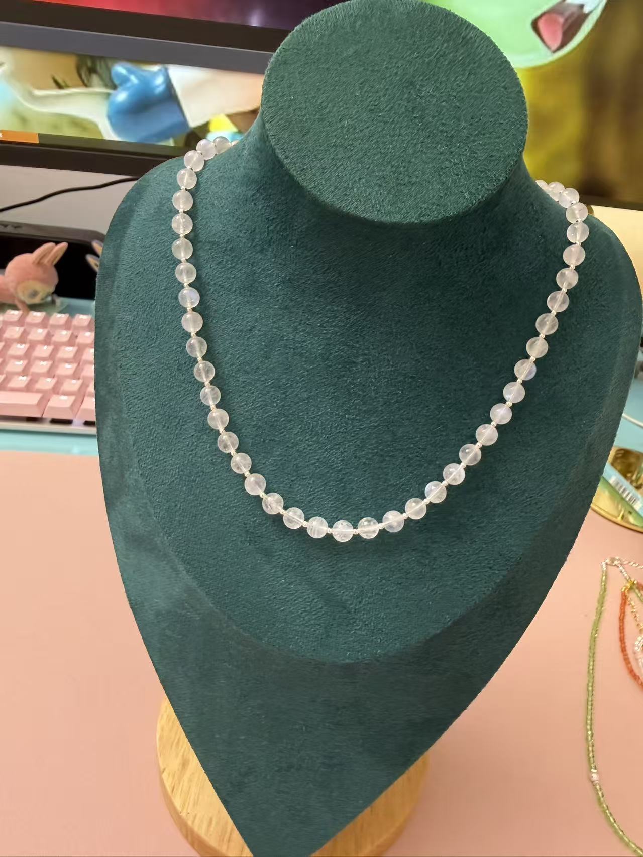Dainty White Moonstone Beaded Necklace - Natural Moonstone Choker with Silver Accents for Women N125