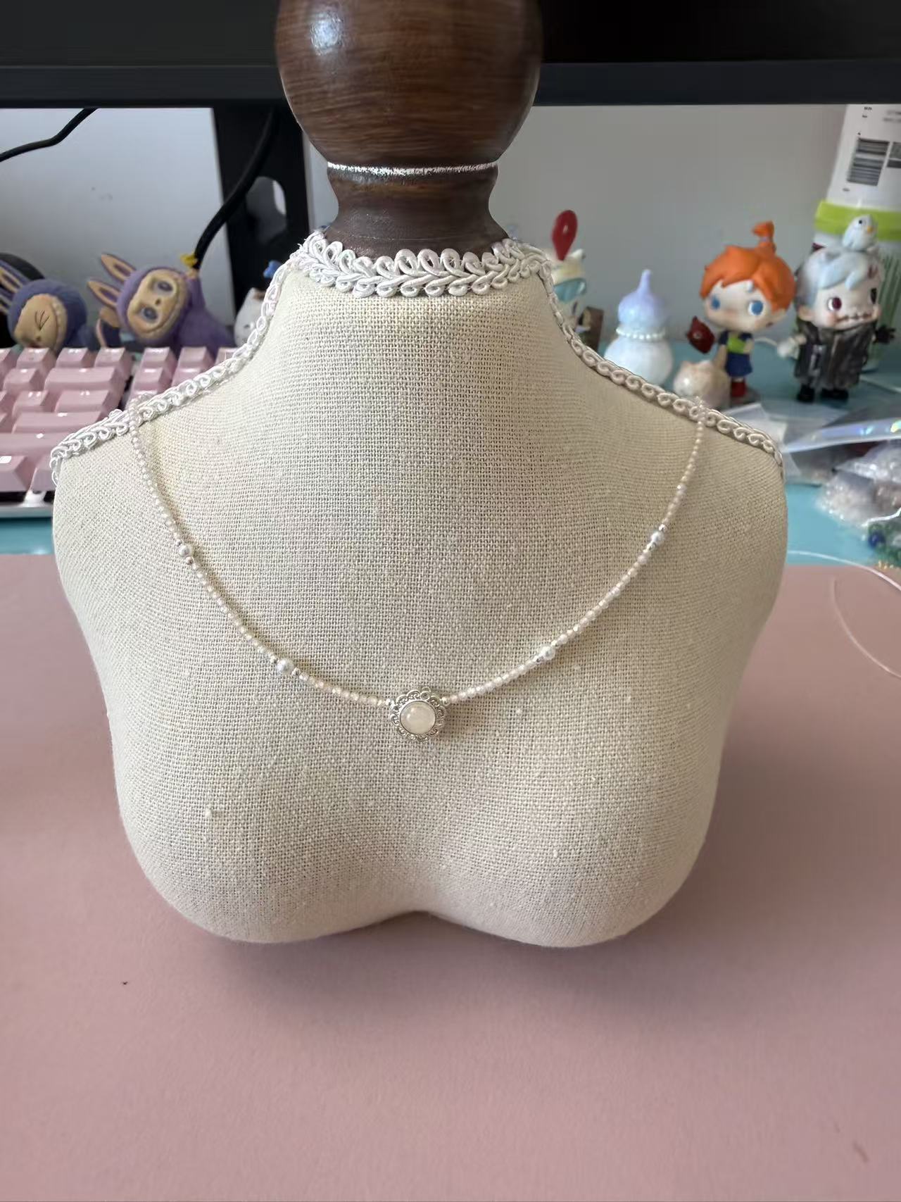Dainty Freshwater Pearl Necklace with Round Moonstone Pendant - Delicate Beaded Choker for Women N117