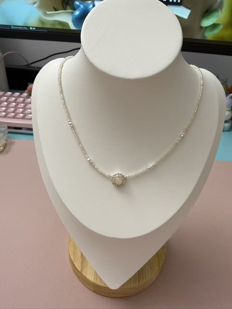 Dainty Freshwater Pearl Necklace with Round Moonstone Pendant - Delicate Beaded Choker for Women N117