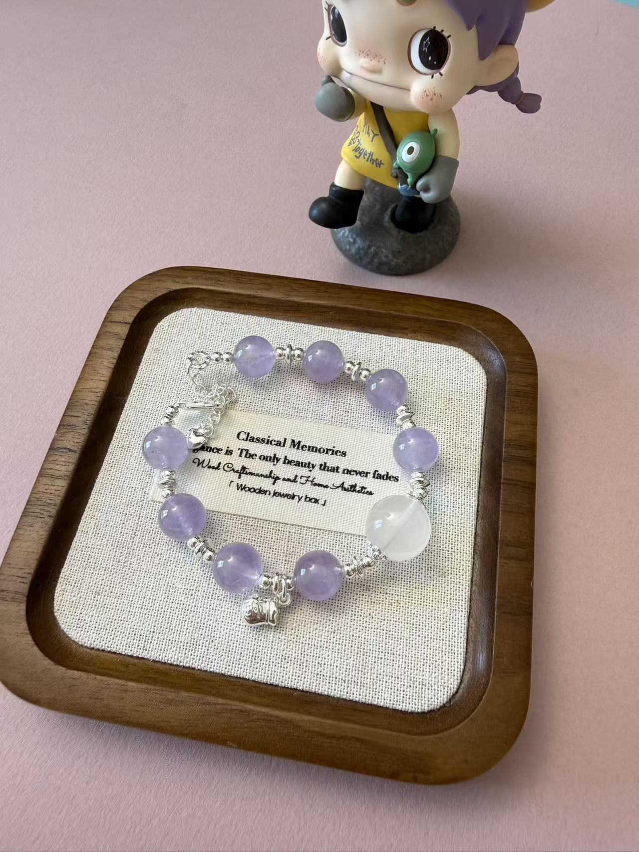 Dainty Lavender Amethyst Beaded Bracelet with Clear Quartz Accent - Adjustable Silver Charm Bracelet for Women B389