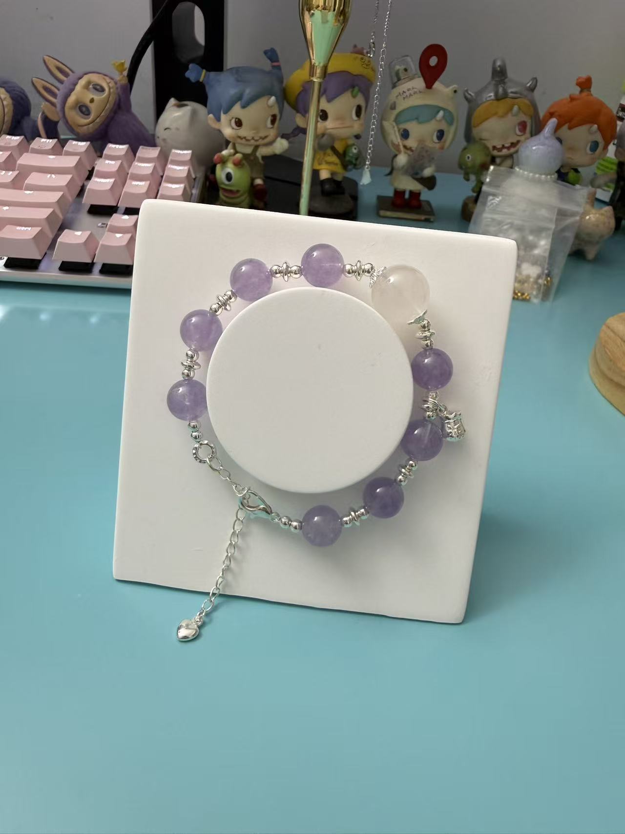 Dainty Lavender Amethyst Beaded Bracelet with Clear Quartz Accent - Adjustable Silver Charm Bracelet for Women B389
