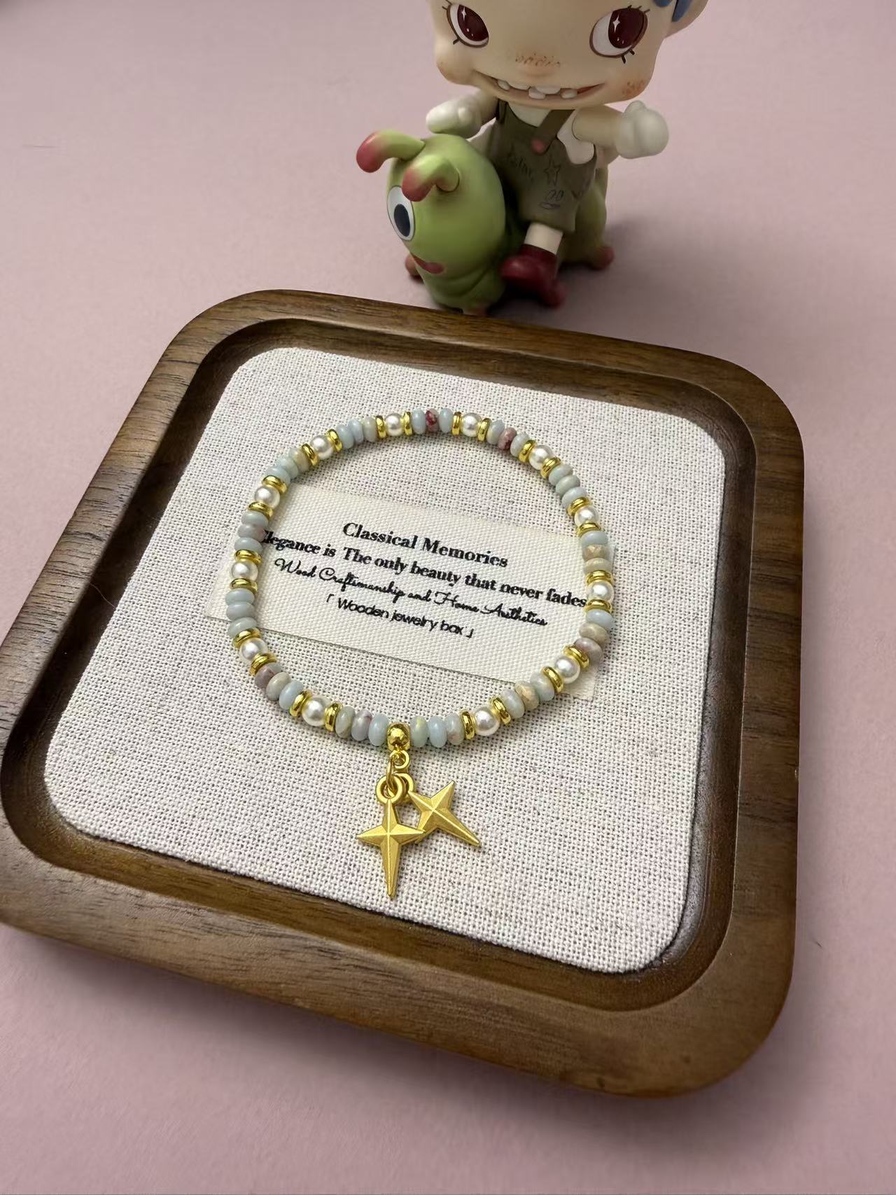 Dainty Pastel Stone & Pearl Beaded Bracelet with Gold Twin Star Charm - Stackable Adjustable Bracelet for Women  B164