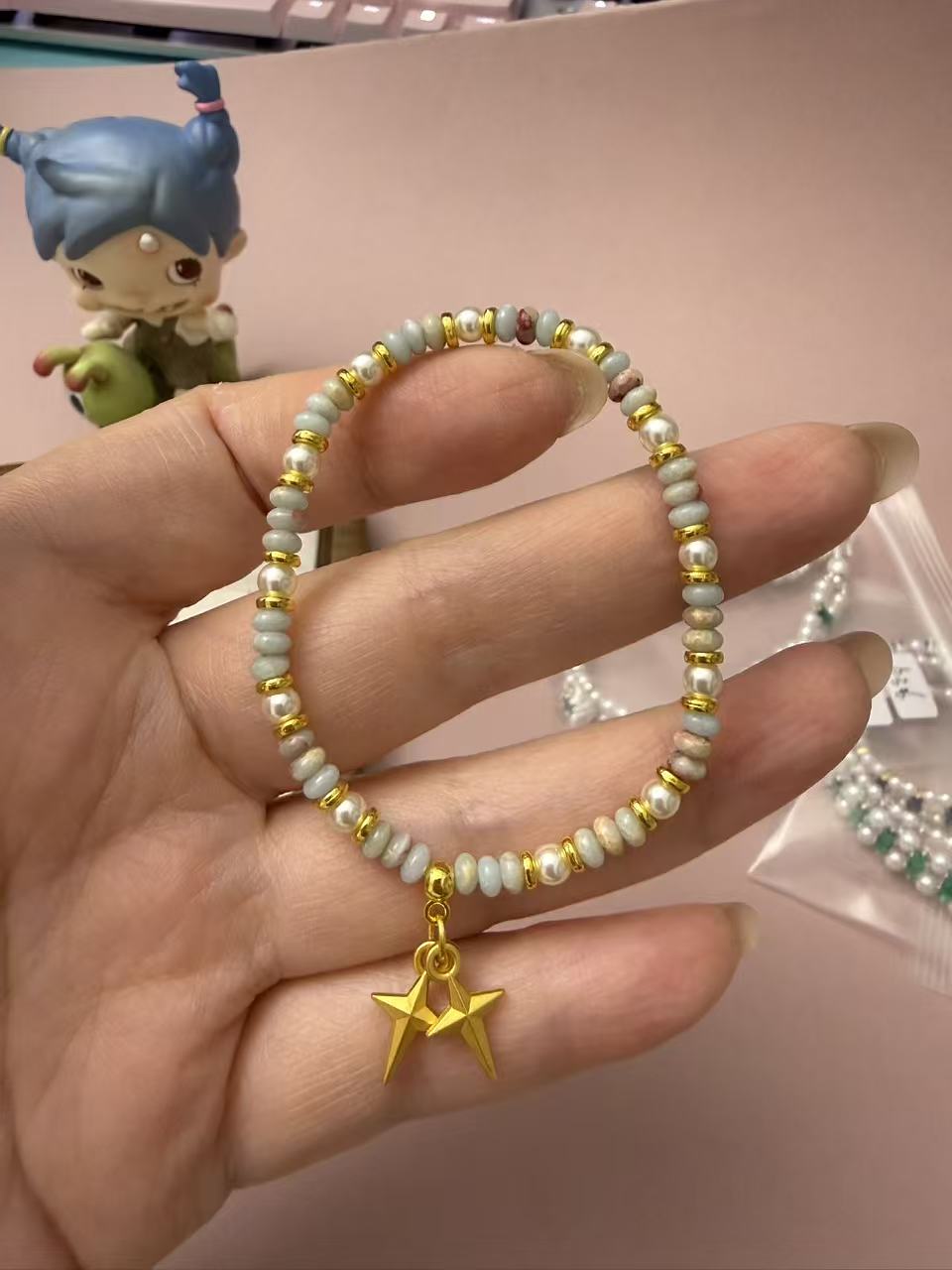 Dainty Pastel Stone & Pearl Beaded Bracelet with Gold Twin Star Charm - Stackable Adjustable Bracelet for Women  B164