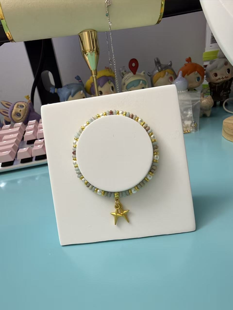 Dainty Pastel Stone & Pearl Beaded Bracelet with Gold Twin Star Charm - Stackable Adjustable Bracelet for Women  B164