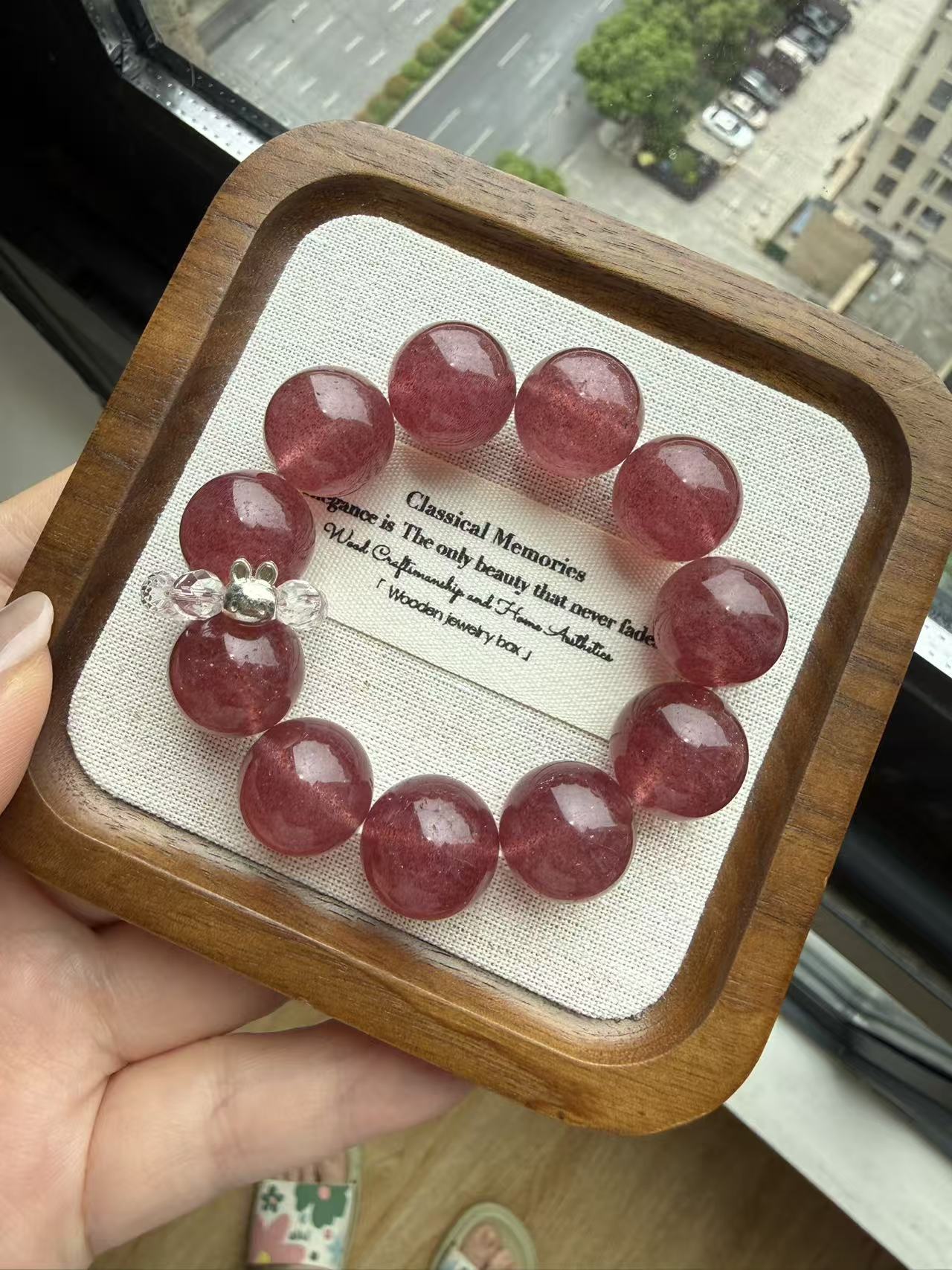 Natural High Grade Strawberry Quartz Bracelet with S925 Silver Bunny Charm - Love Attraction Crystal Beaded Jewelry for Women B61