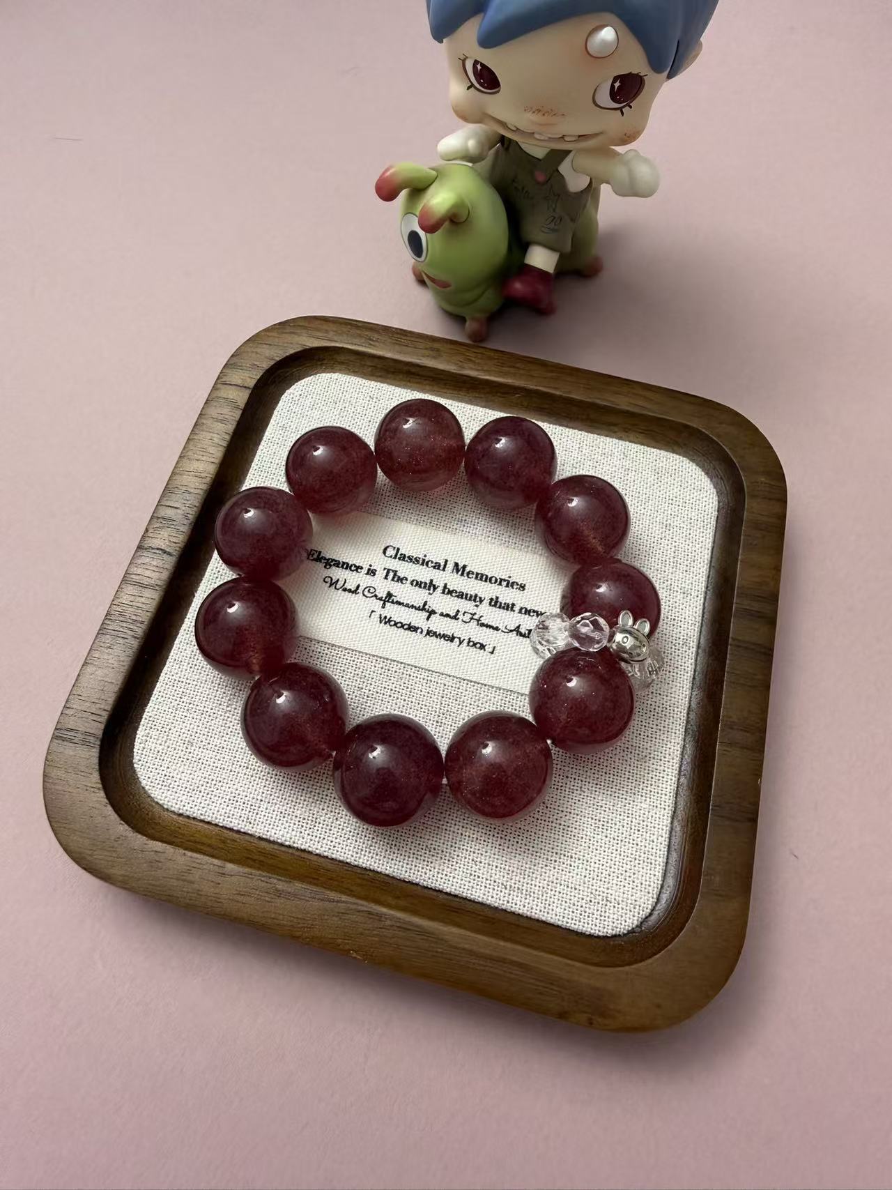Natural High Grade Strawberry Quartz Bracelet with S925 Silver Bunny Charm - Love Attraction Crystal Beaded Jewelry for Women B61