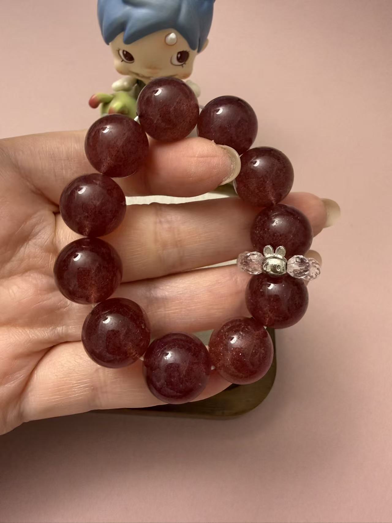 Natural High Grade Strawberry Quartz Bracelet with S925 Silver Bunny Charm - Love Attraction Crystal Beaded Jewelry for Women B61