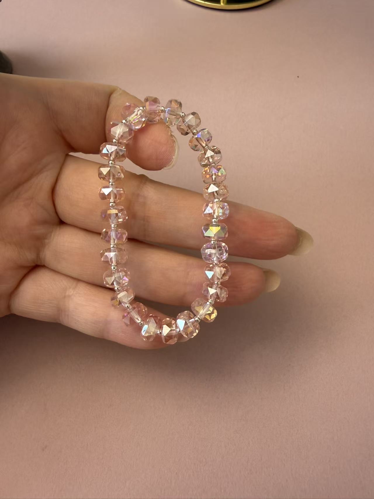 Faceted Light Pink Quartz Beaded Bracelet - Sparkly Aesthetic Crystal Jewelry for Women B392