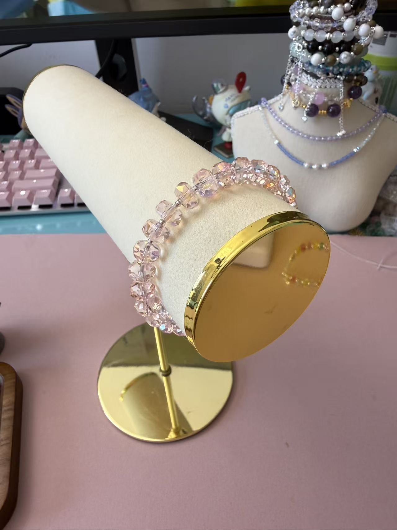Faceted Light Pink Quartz Beaded Bracelet - Sparkly Aesthetic Crystal Jewelry for Women B392