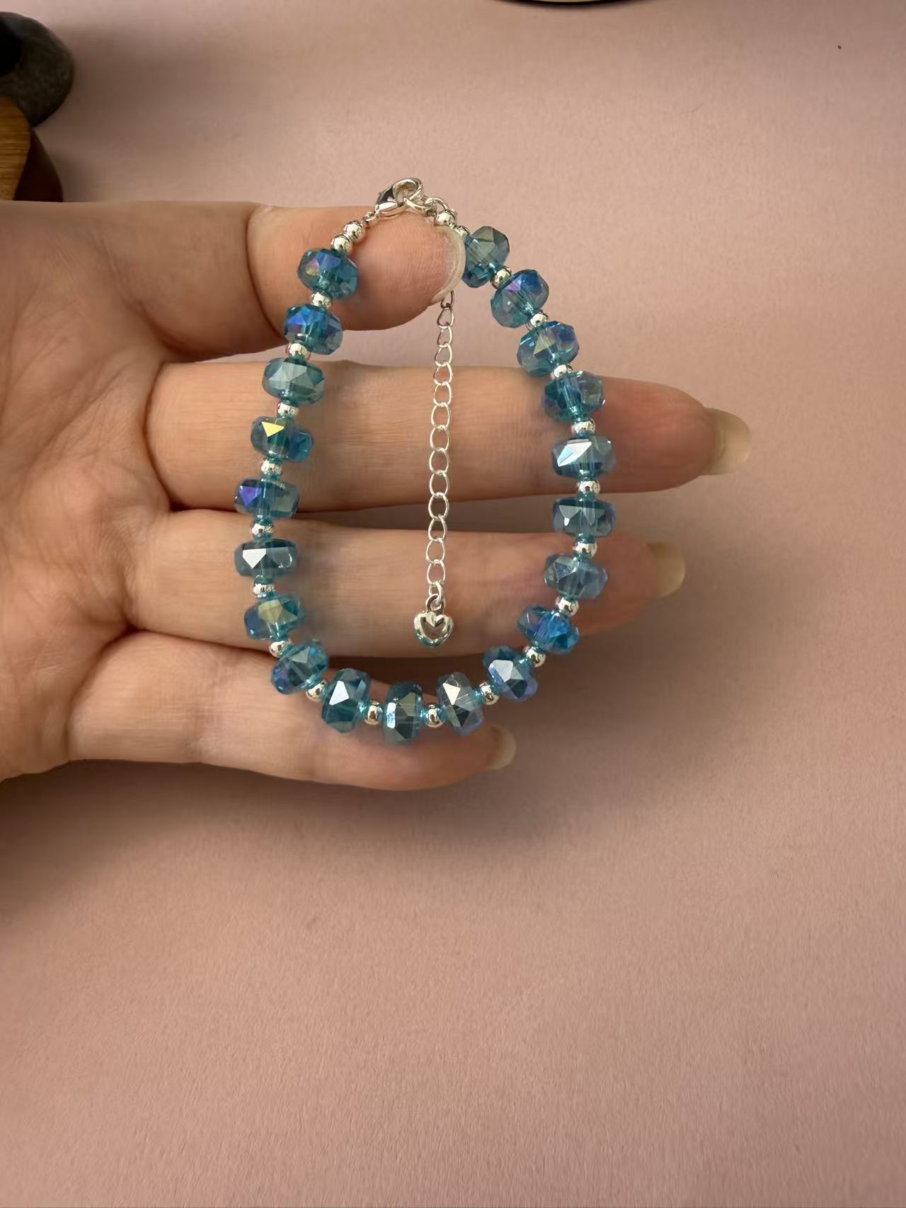 Sparkly Faceted Blue Crystal Beaded Bracelet - Adjustable Ocean Blue Dainty Jewelry for Women B390