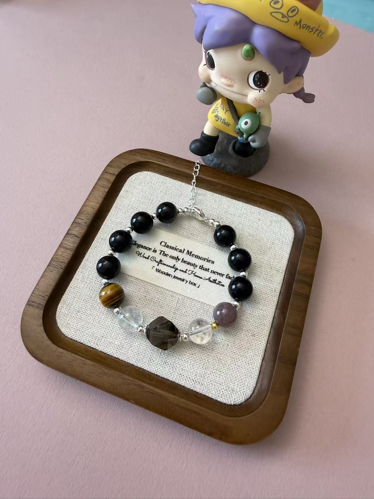 Black Obsidian Multi-Stone Beaded Bracelet with Tiger's Eye & Clear Quartz - Adjustable Unisex Energy Jewelry B381