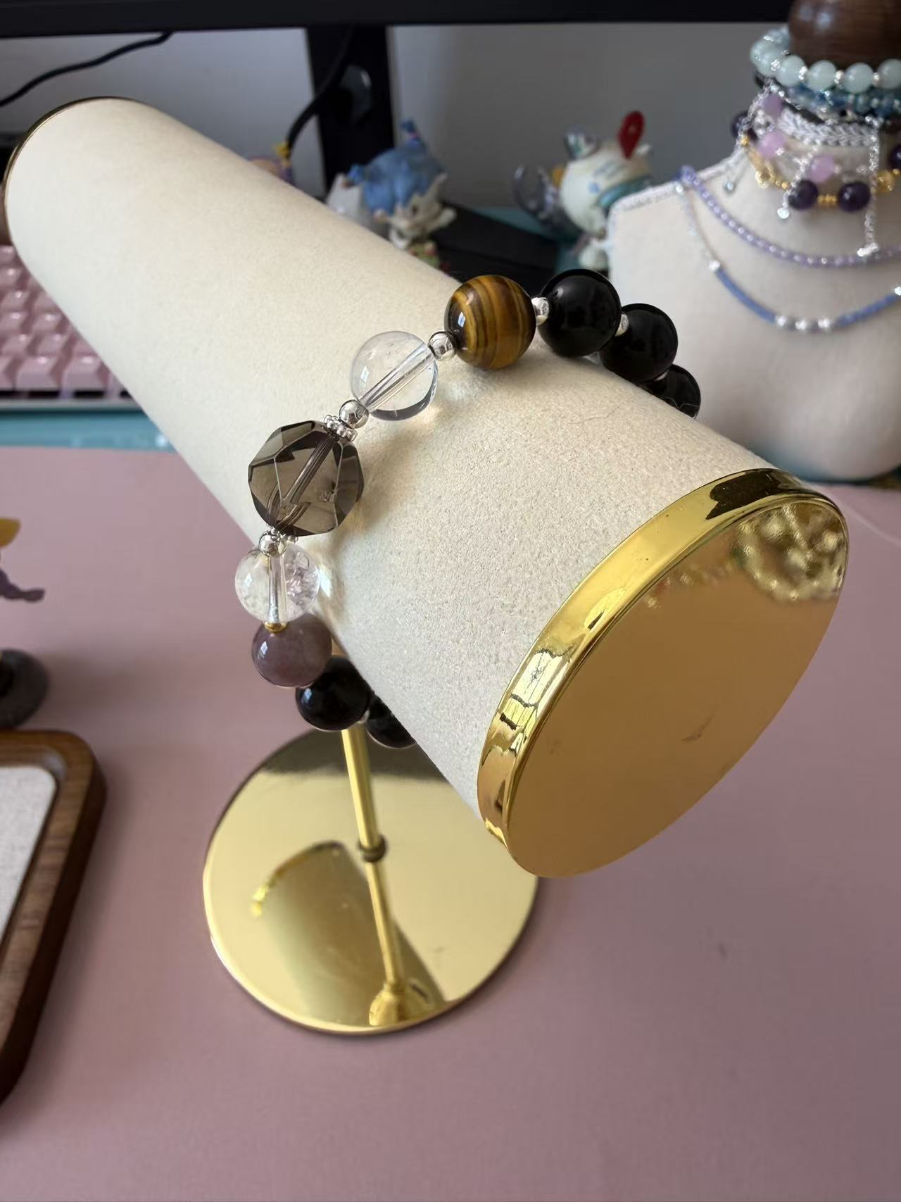 Black Obsidian Multi-Stone Beaded Bracelet with Tiger's Eye & Clear Quartz - Adjustable Unisex Energy Jewelry B381