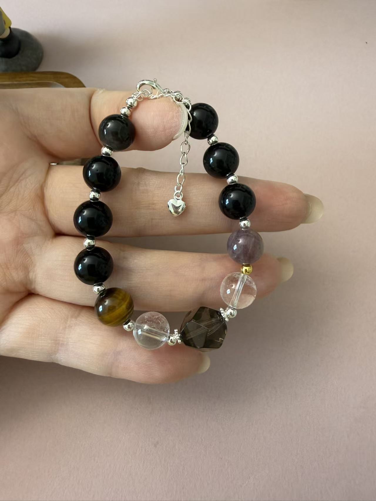 Black Obsidian Multi-Stone Beaded Bracelet with Tiger's Eye & Clear Quartz - Adjustable Unisex Energy Jewelry B381