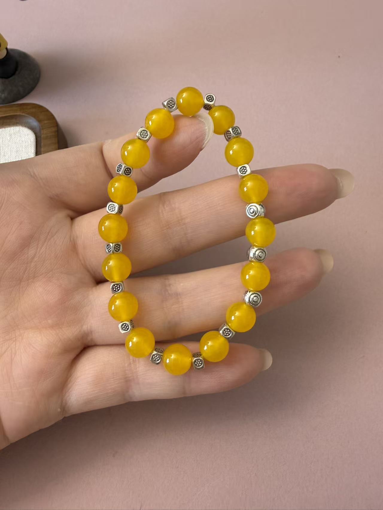 Natural Yellow Chalcedony Beaded Bracelet with Silver Accents - Good Luck Crystal Jewelry for Women B391