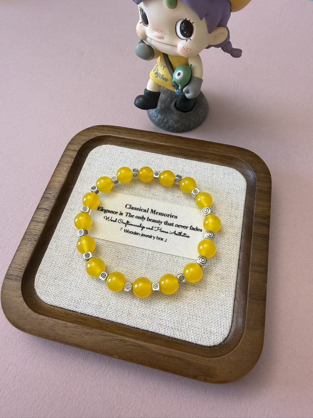 Natural Yellow Chalcedony Beaded Bracelet with Silver Accents - Good Luck Crystal Jewelry for Women B391