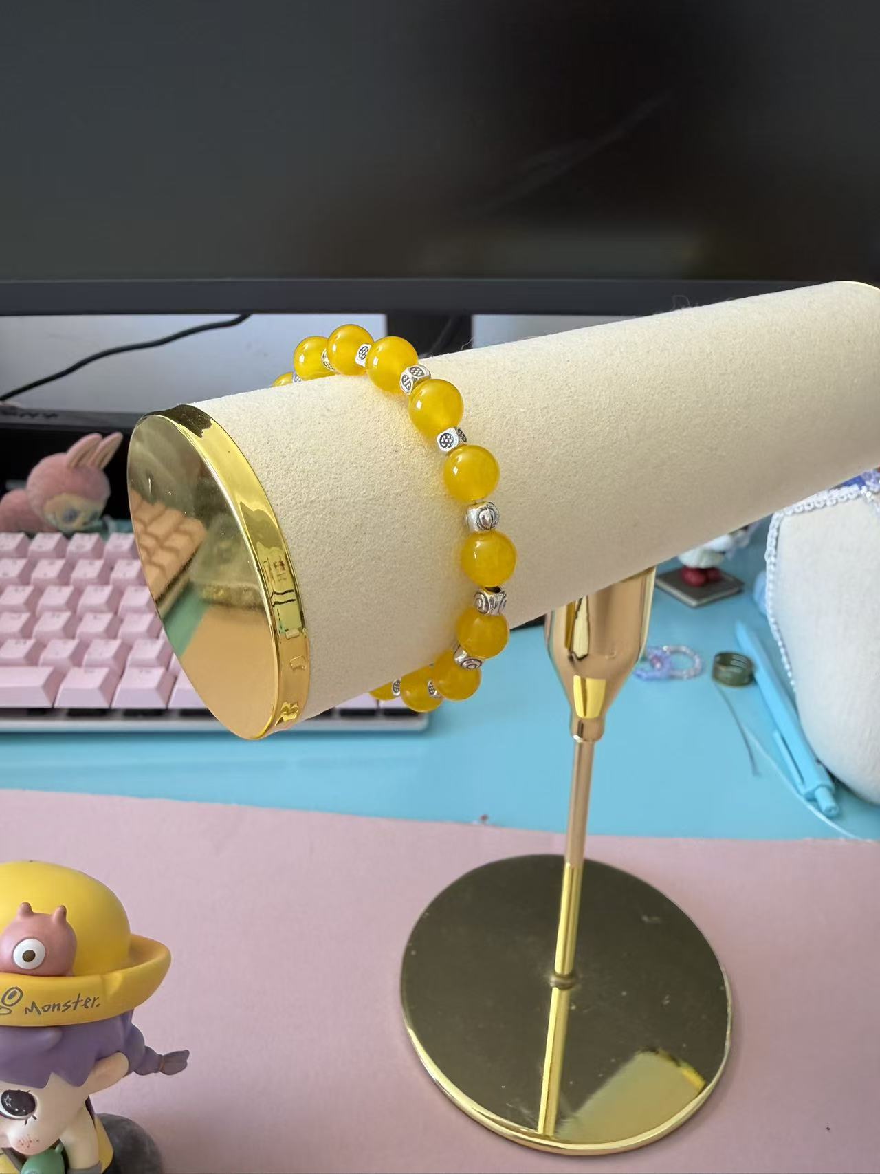 Natural Yellow Chalcedony Beaded Bracelet with Silver Accents - Good Luck Crystal Jewelry for Women B391