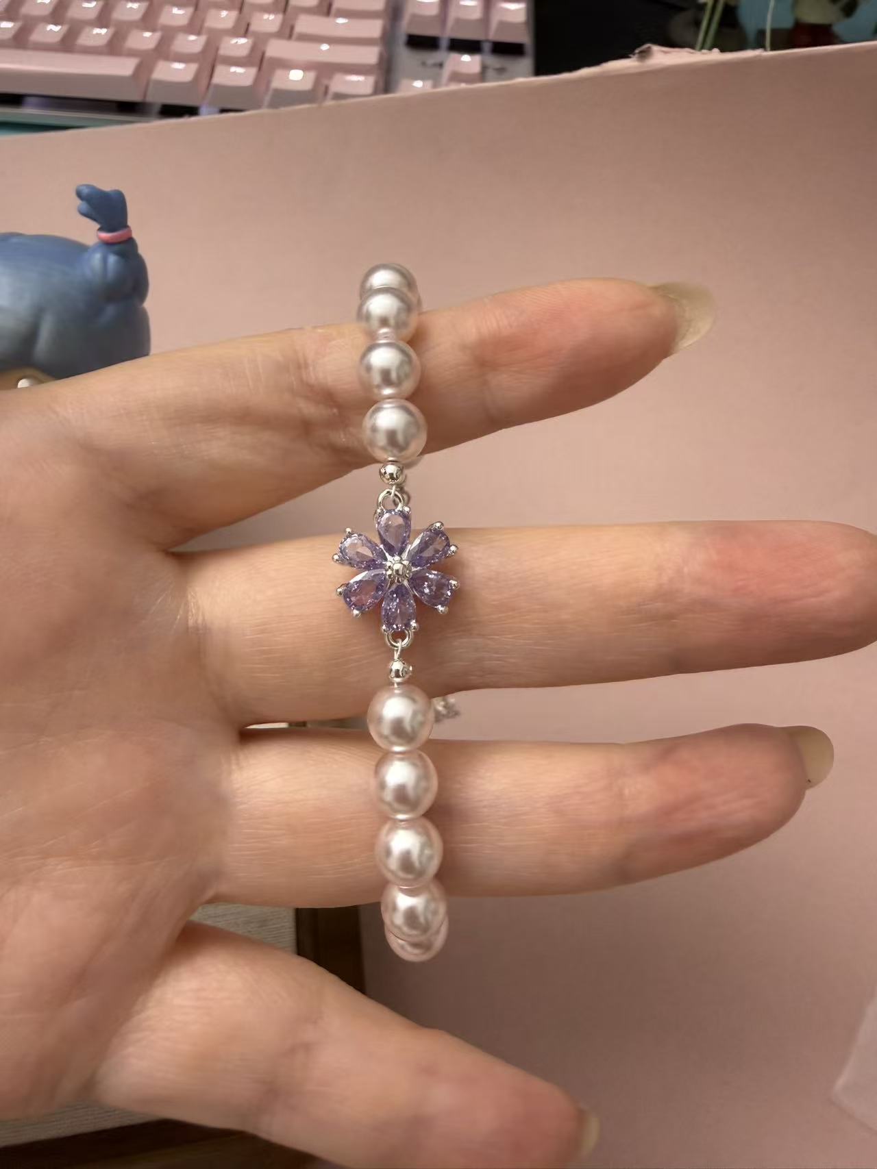 Adjustable Pearl Bracelet with Purple Crystal Flower Charm - Delicate Feminine Jewelry for Women B171