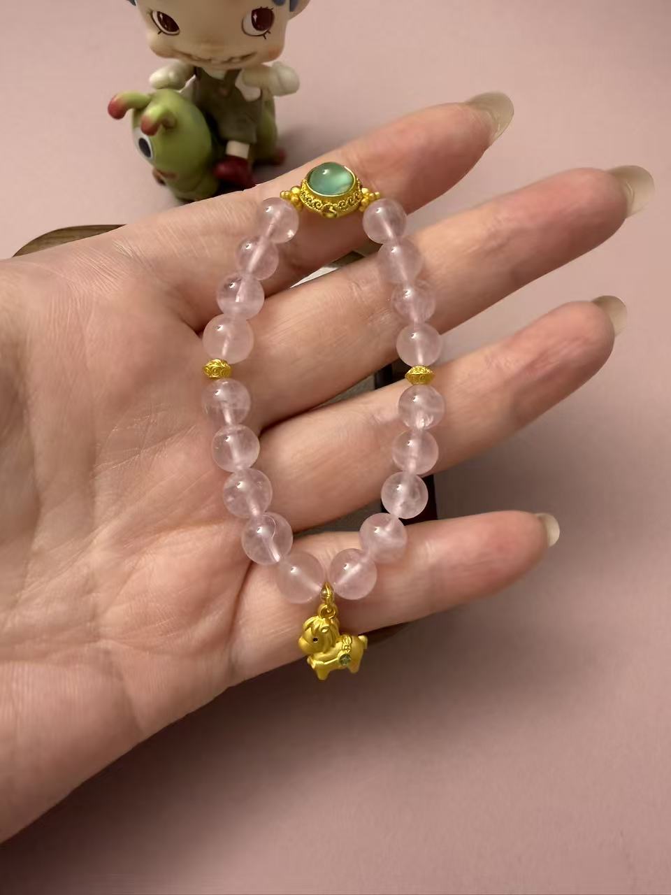 Elegant Light Pink Glass Beaded Bracelet with Gold Horse Charm & Green Accent B141