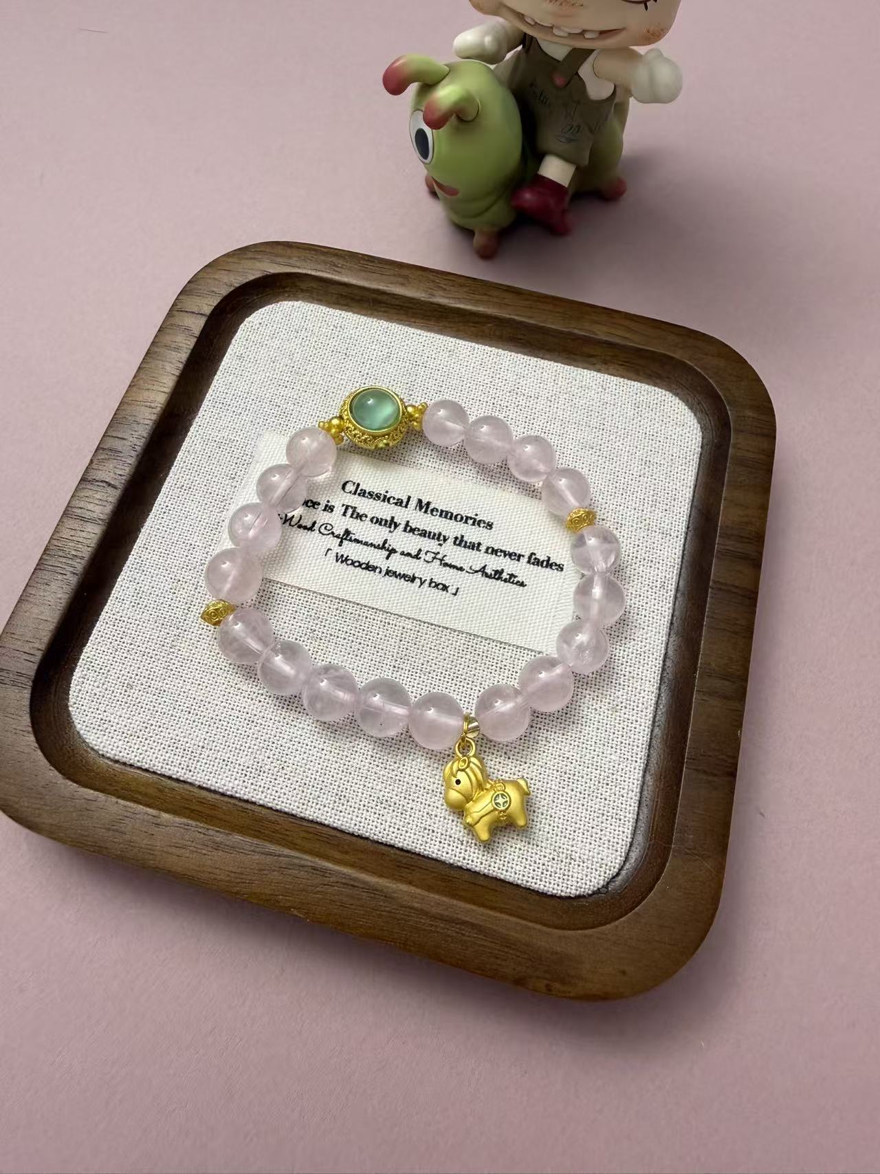 Elegant Light Pink Glass Beaded Bracelet with Gold Horse Charm & Green Accent B141