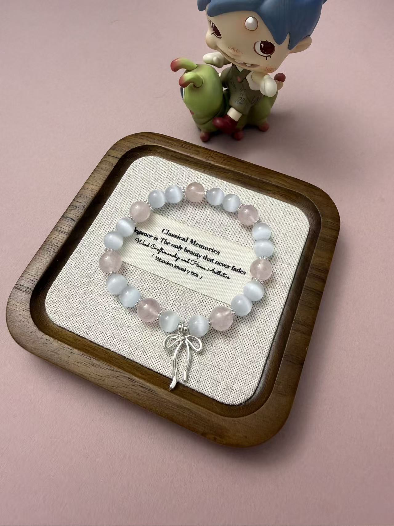 Dainty Rose Quartz & Cat's Eye Stone Bracelet with Bow Charm B63