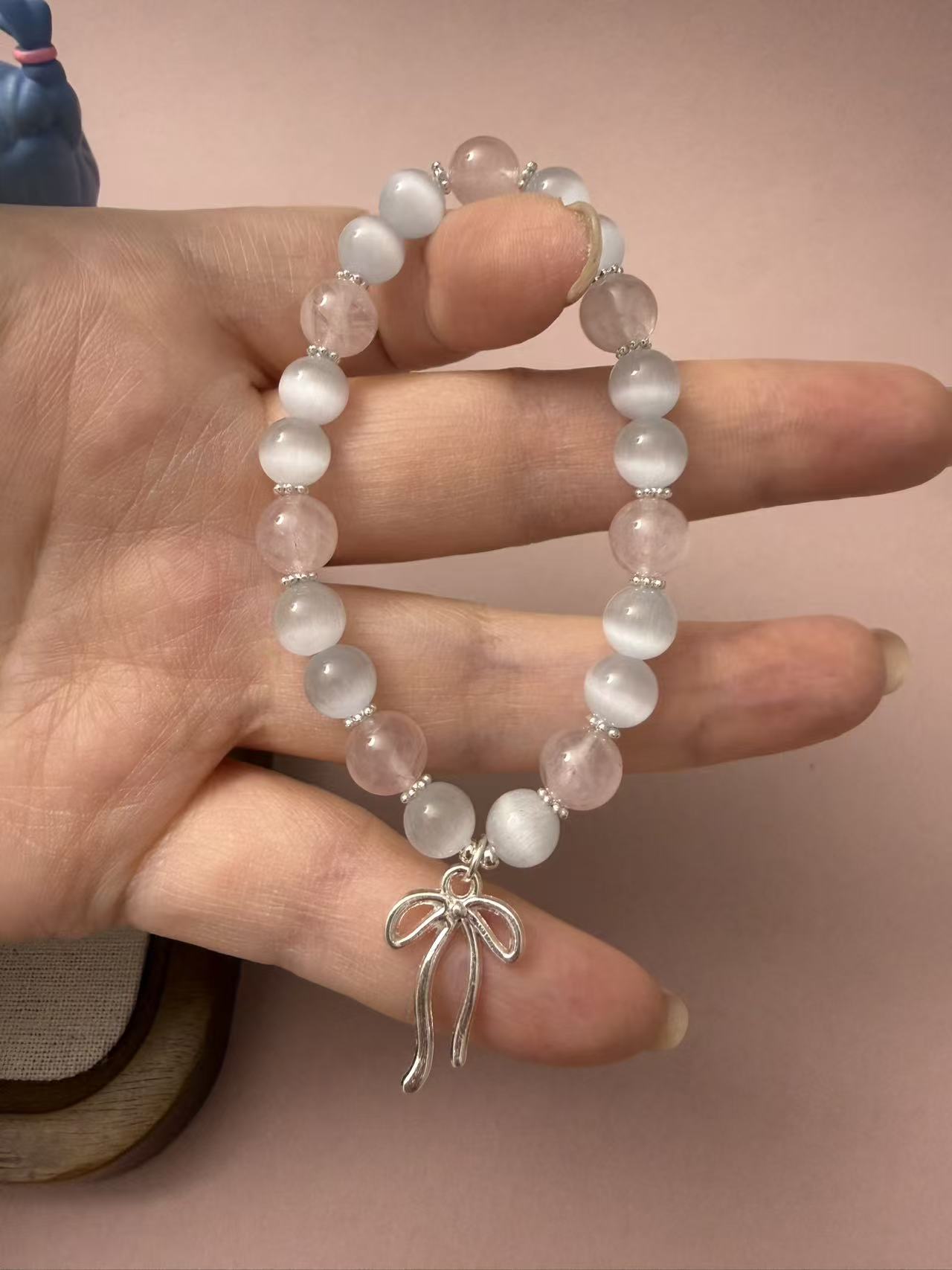 Dainty Rose Quartz & Cat's Eye Stone Bracelet with Bow Charm B63
