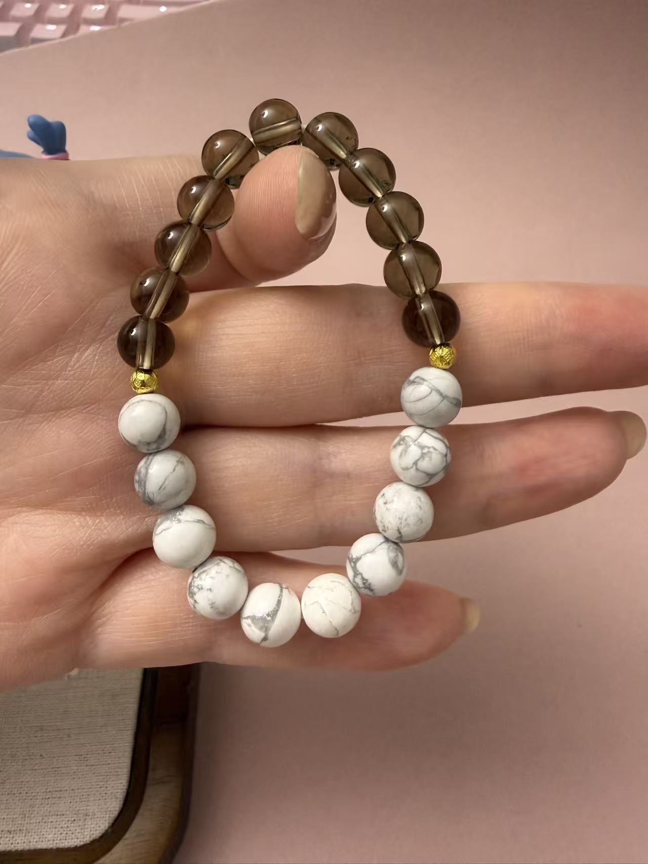 Natural Smoky Quartz & Howlite Beaded Bracelet with Gold Accents B51
