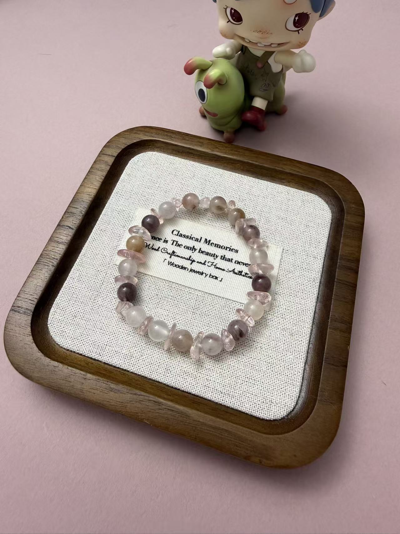 Muted Pink & Gray Natural Crystal Bead Bracelet | Dainty Stackable Gemstone Jewelry for Women B173