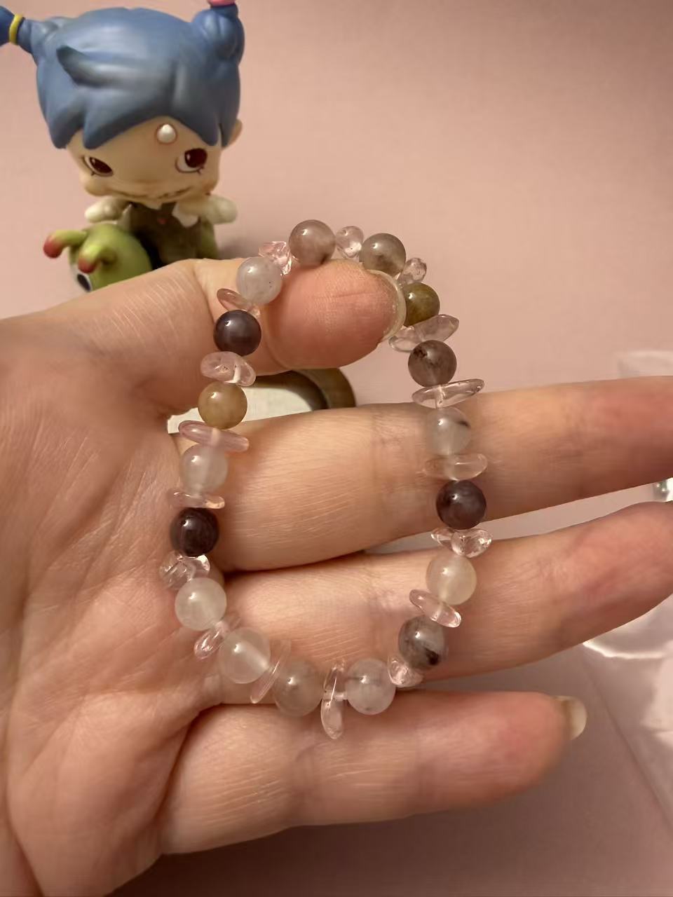 Muted Pink & Gray Natural Crystal Bead Bracelet | Dainty Stackable Gemstone Jewelry for Women B173