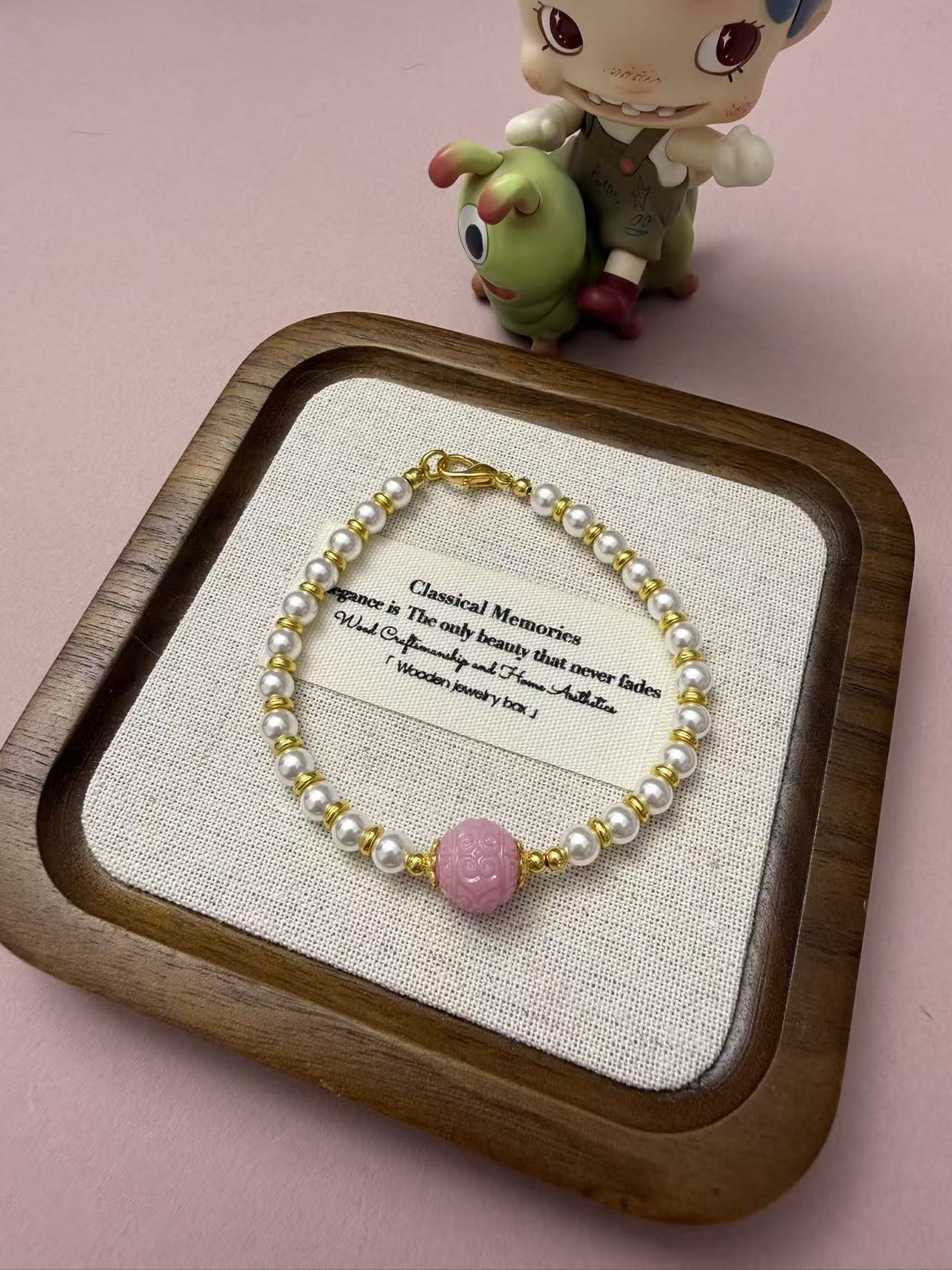 Dainty Pink Carved Gemstone & Lustrous Pearl Bracelet | Elegant Gold Accent Beaded Jewelry for Women B67