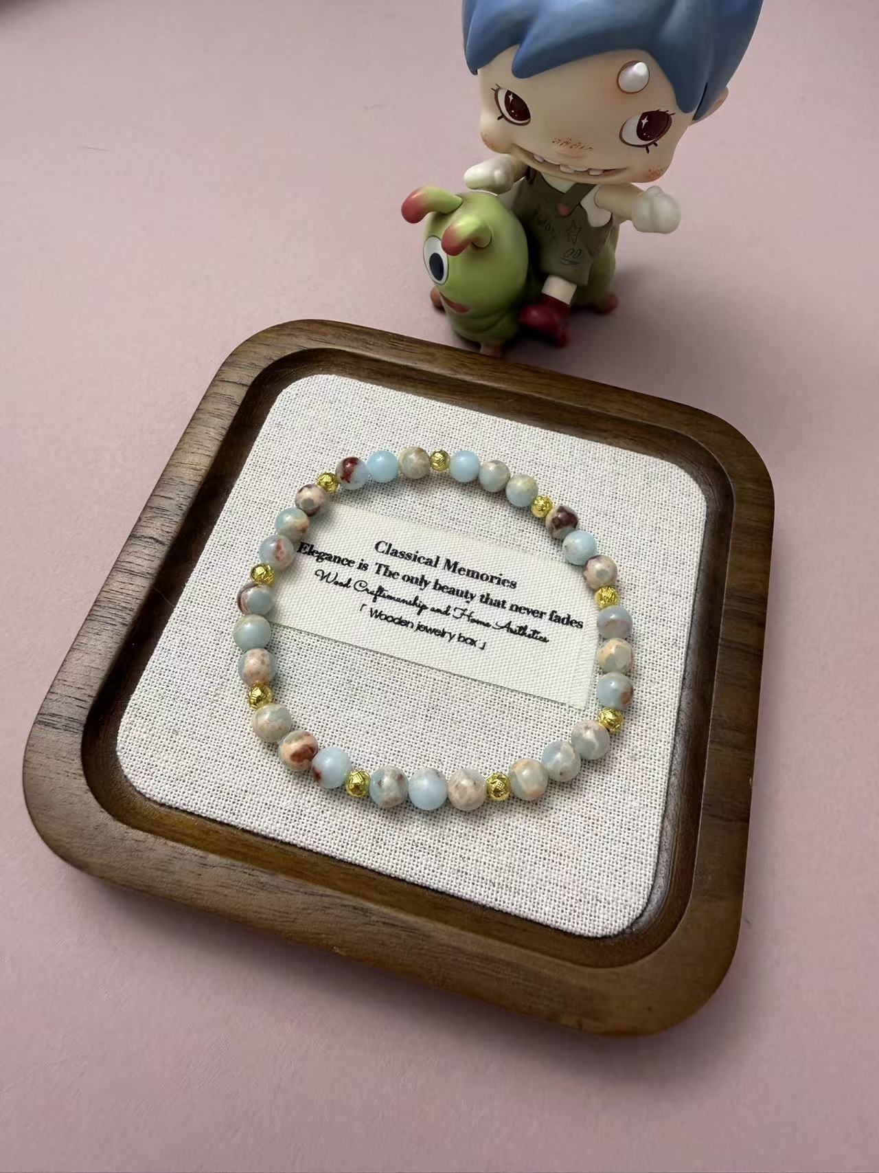 Natural Swirl Stone Beaded Bracelet with Gold Accents - Dainty Morandi Tone Jewelry for Women B01
