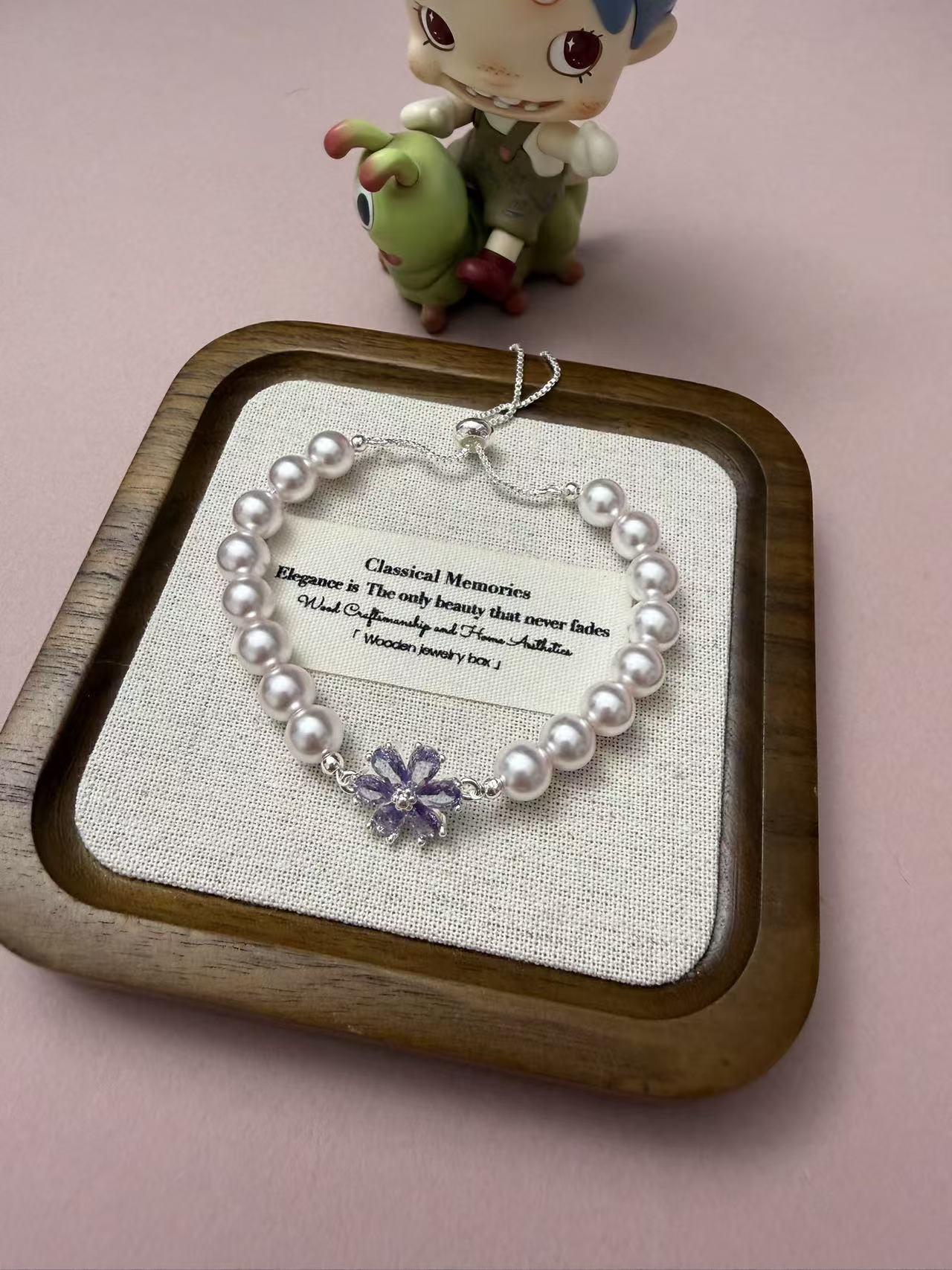 Adjustable Pearl Bracelet with Purple Crystal Flower Charm - Delicate Feminine Jewelry for Women B171
