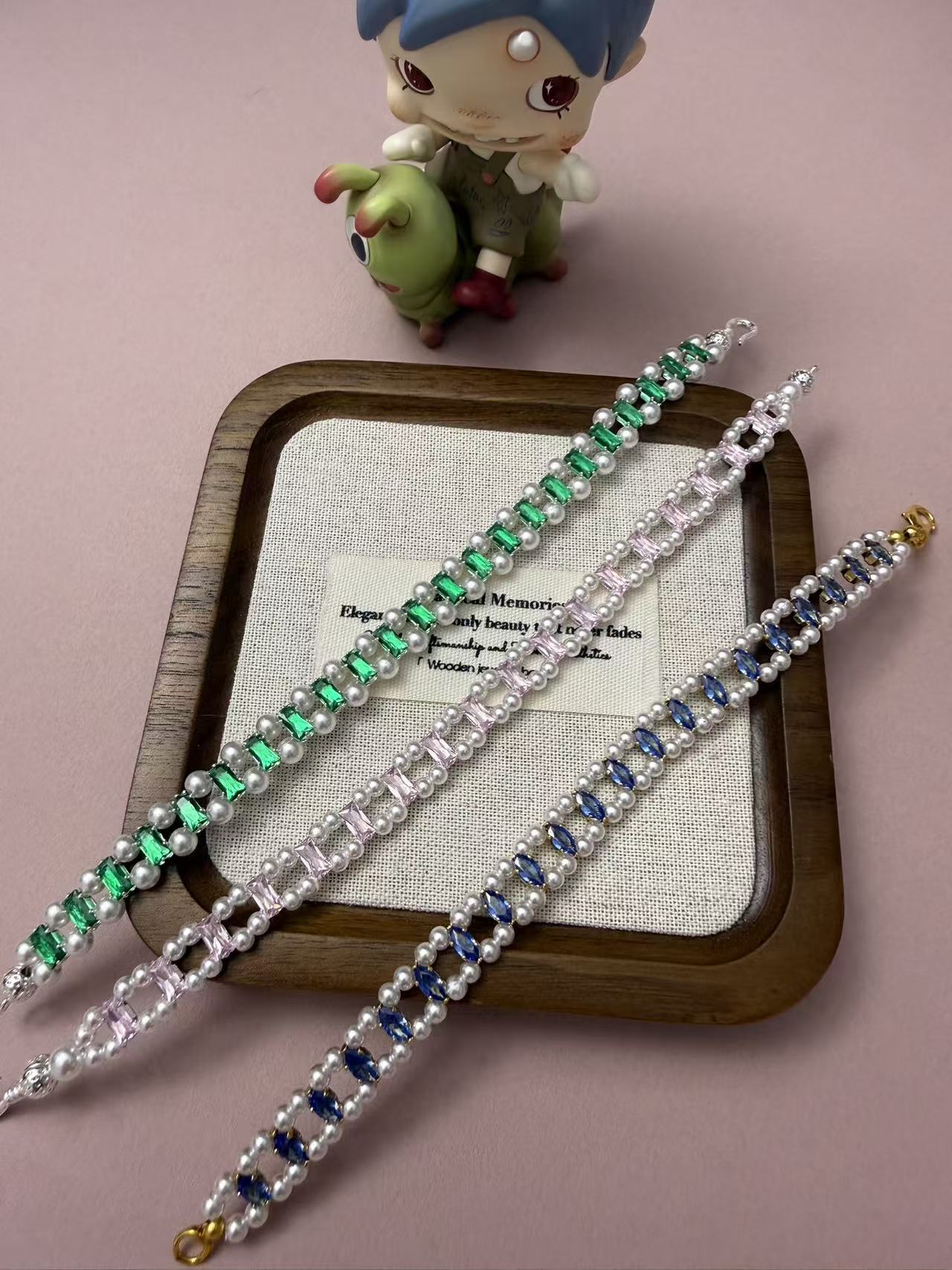 3-Color Crystal Pearl Bracelet - Luxury Dainty Emerald/Pink/Sapphire Tone Tennis Bracelet for Women B22