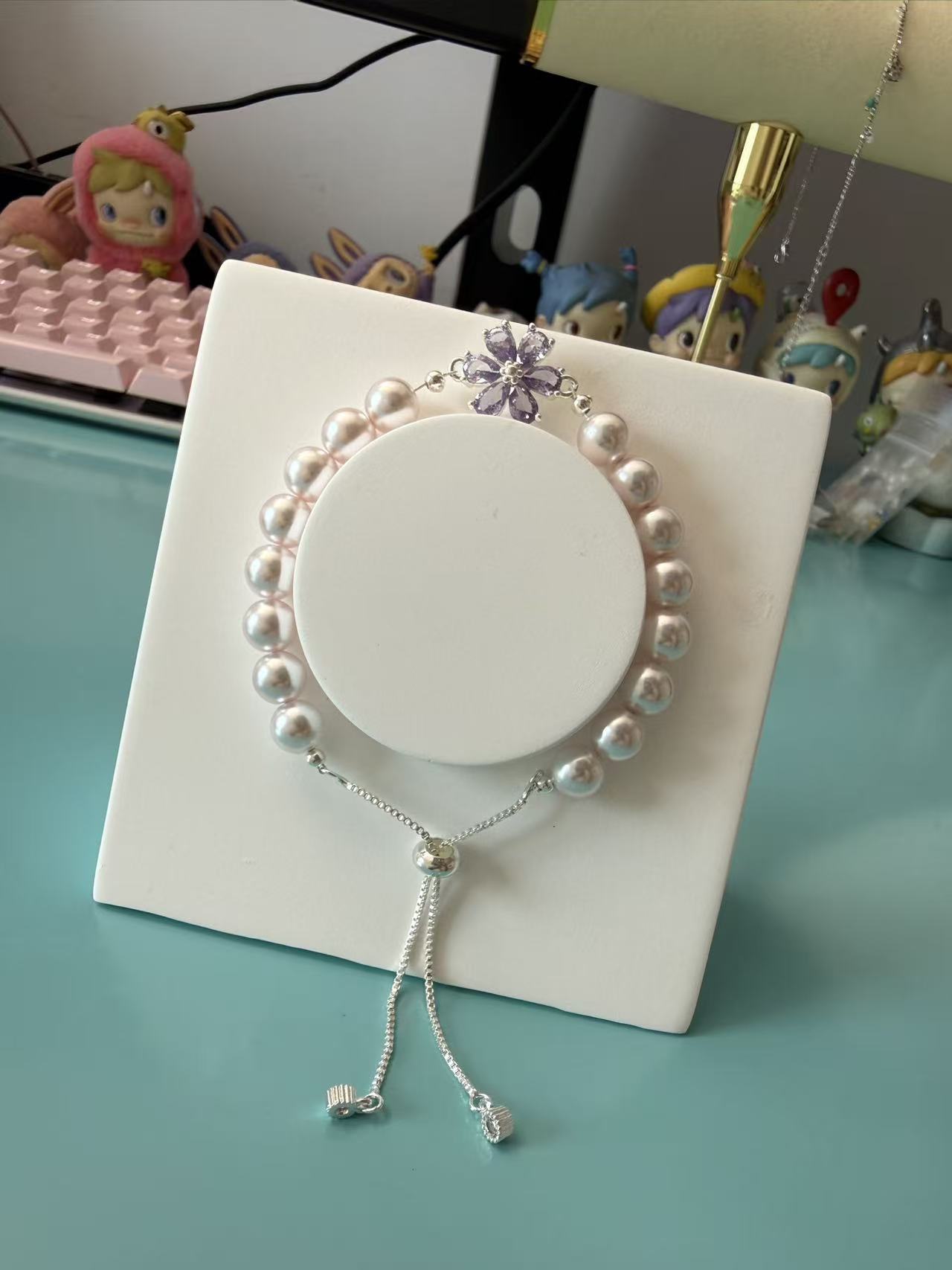 Adjustable Pearl Bracelet with Purple Crystal Flower Charm - Delicate Feminine Jewelry for Women B171