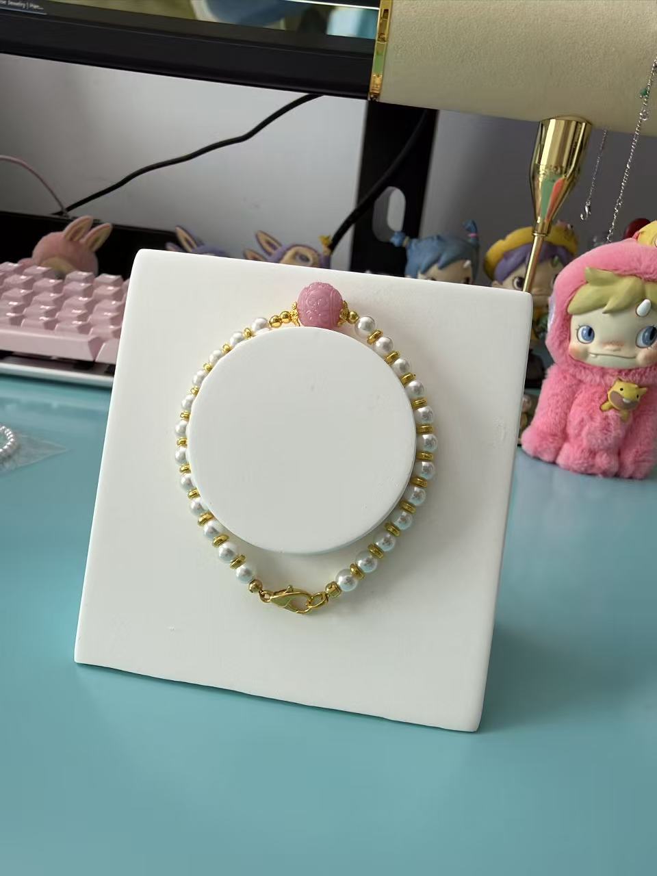 Dainty Pink Carved Gemstone & Lustrous Pearl Bracelet | Elegant Gold Accent Beaded Jewelry for Women B67
