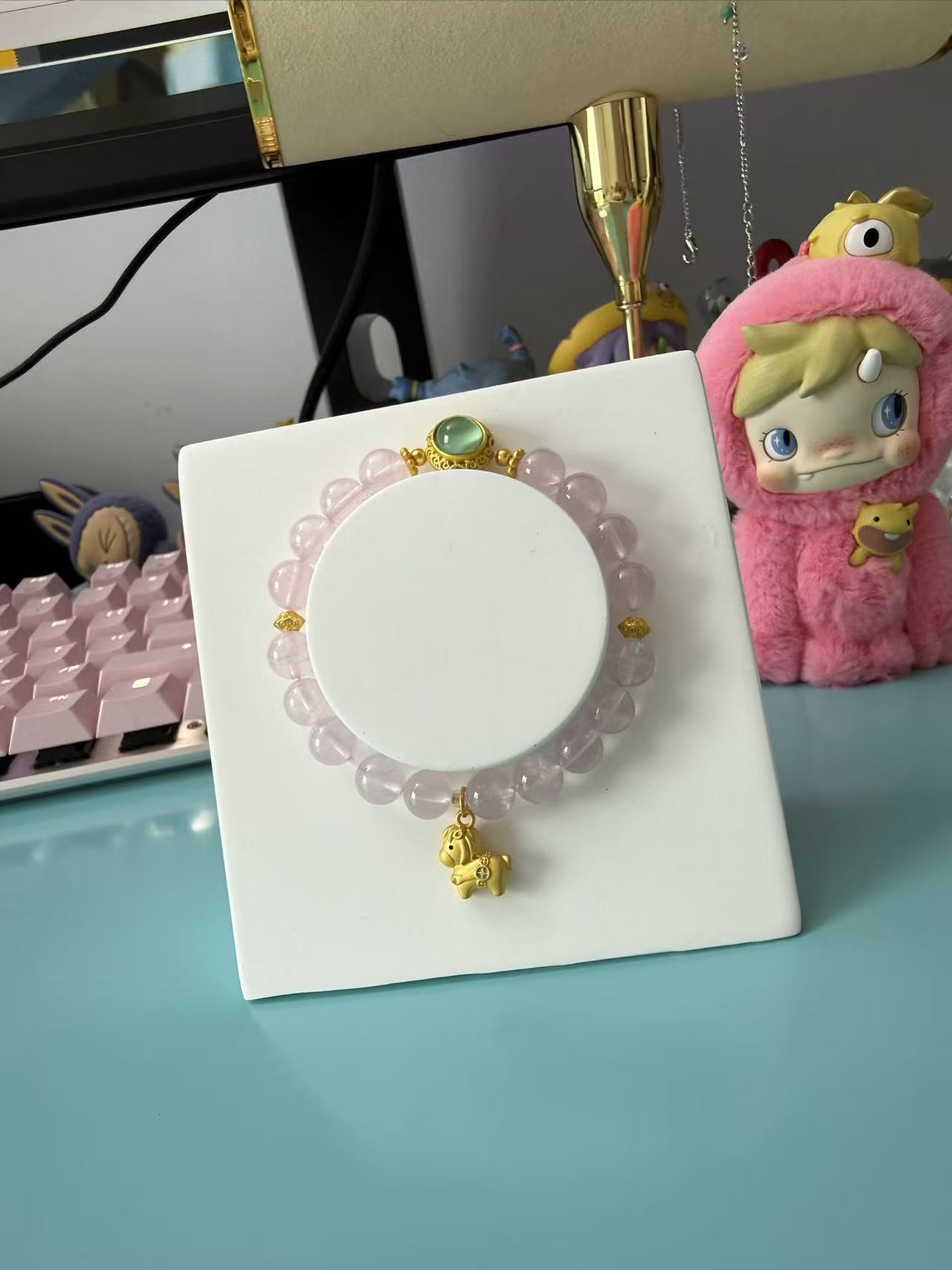 Elegant Light Pink Glass Beaded Bracelet with Gold Horse Charm & Green Accent B141