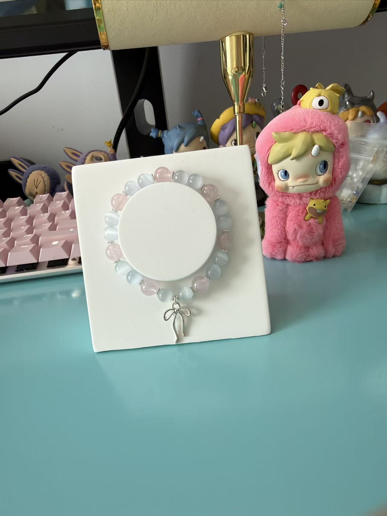Dainty Rose Quartz & Cat's Eye Stone Bracelet with Bow Charm B63