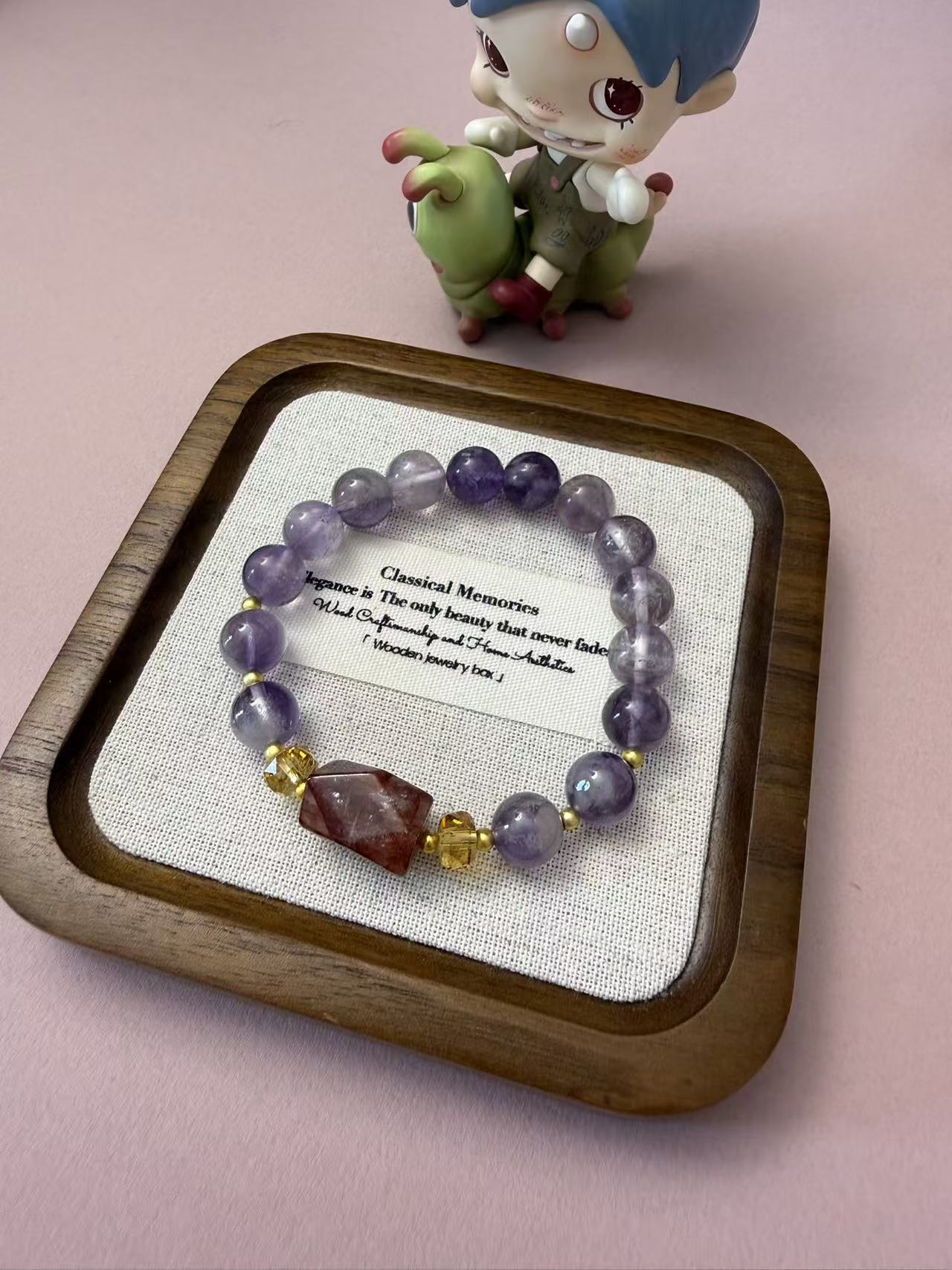 Natural Amethyst Bracelet with Red Phantom Quartz & Gold Accents B99