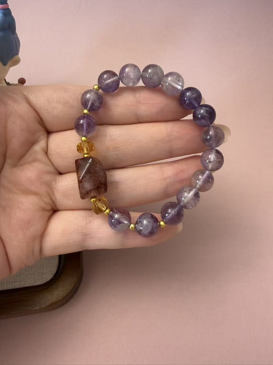 Natural Amethyst Bracelet with Red Phantom Quartz & Gold Accents B99