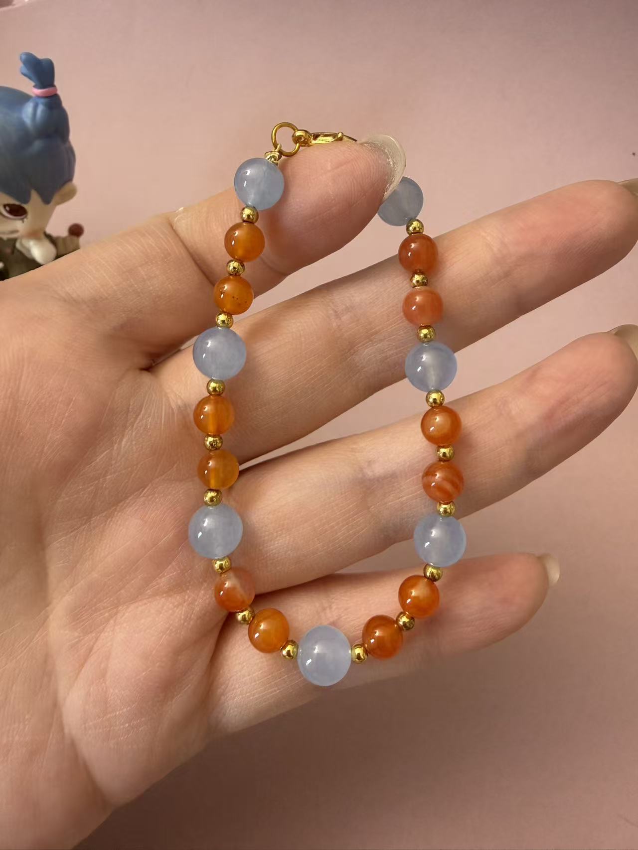 Natural Blue Chalcedony & Orange Agate Beaded Bracelet with Gold Accents B187