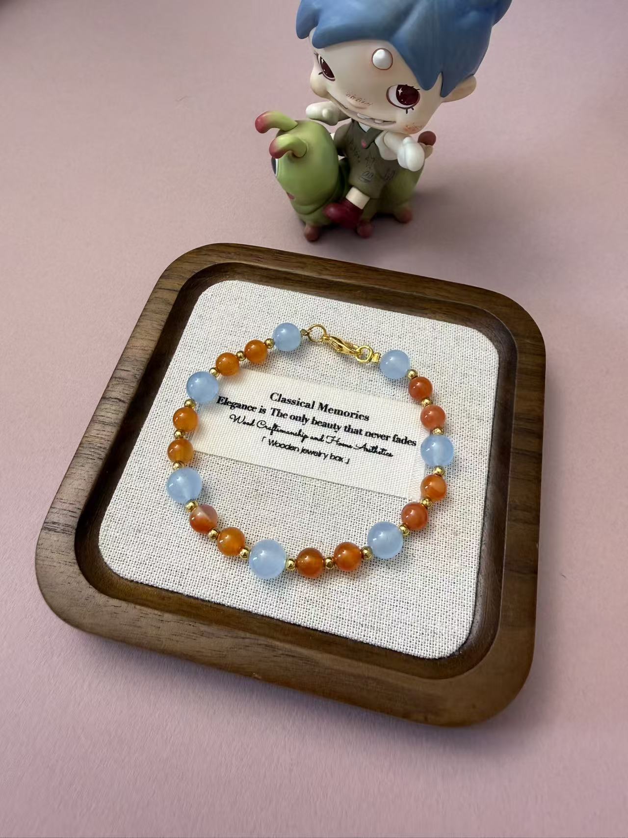 Natural Blue Chalcedony & Orange Agate Beaded Bracelet with Gold Accents B187