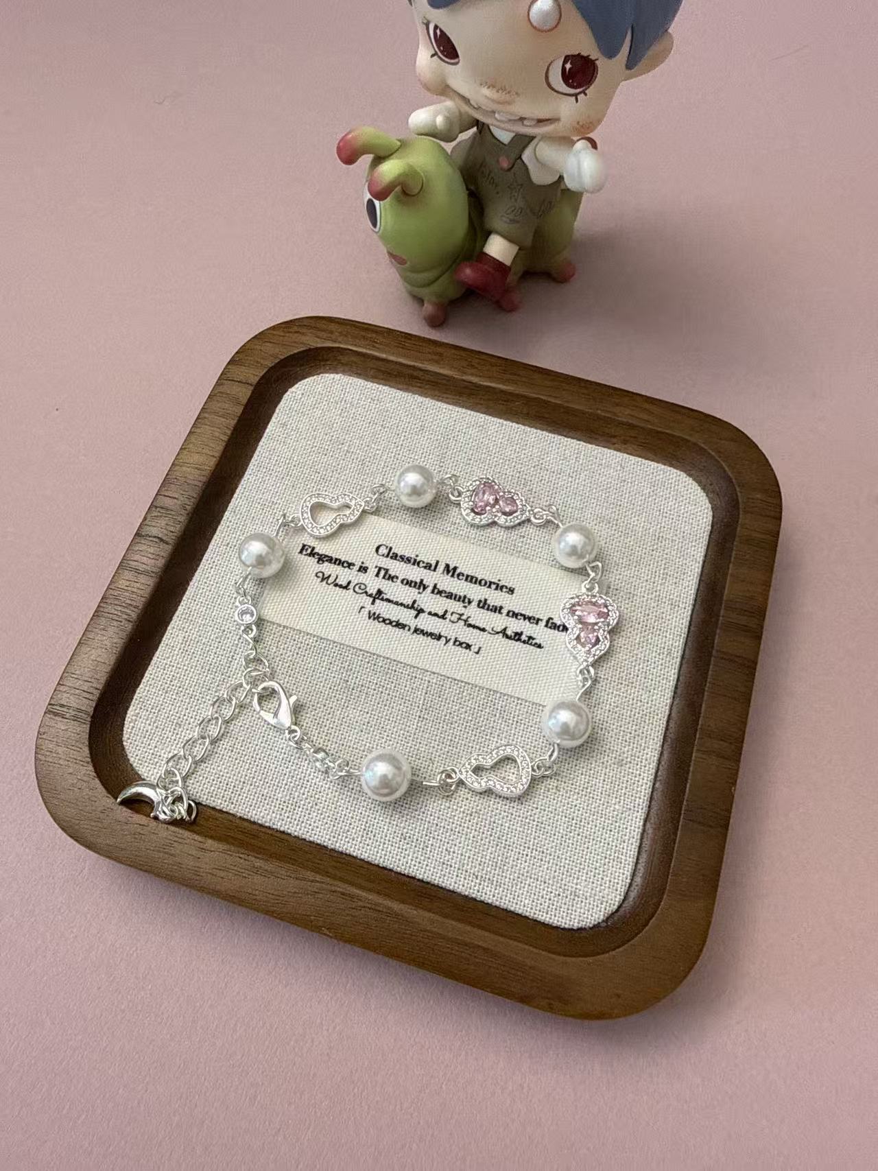 Dainty Silver Faux Pearl & Pink Zircon Bracelet with Gourd Charm B308