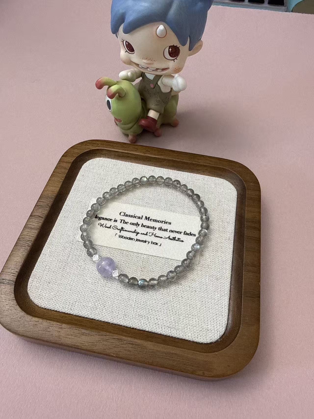 Dainty Gray Moonstone & Amethyst Beaded Bracelet, Feminine Jewelry B144