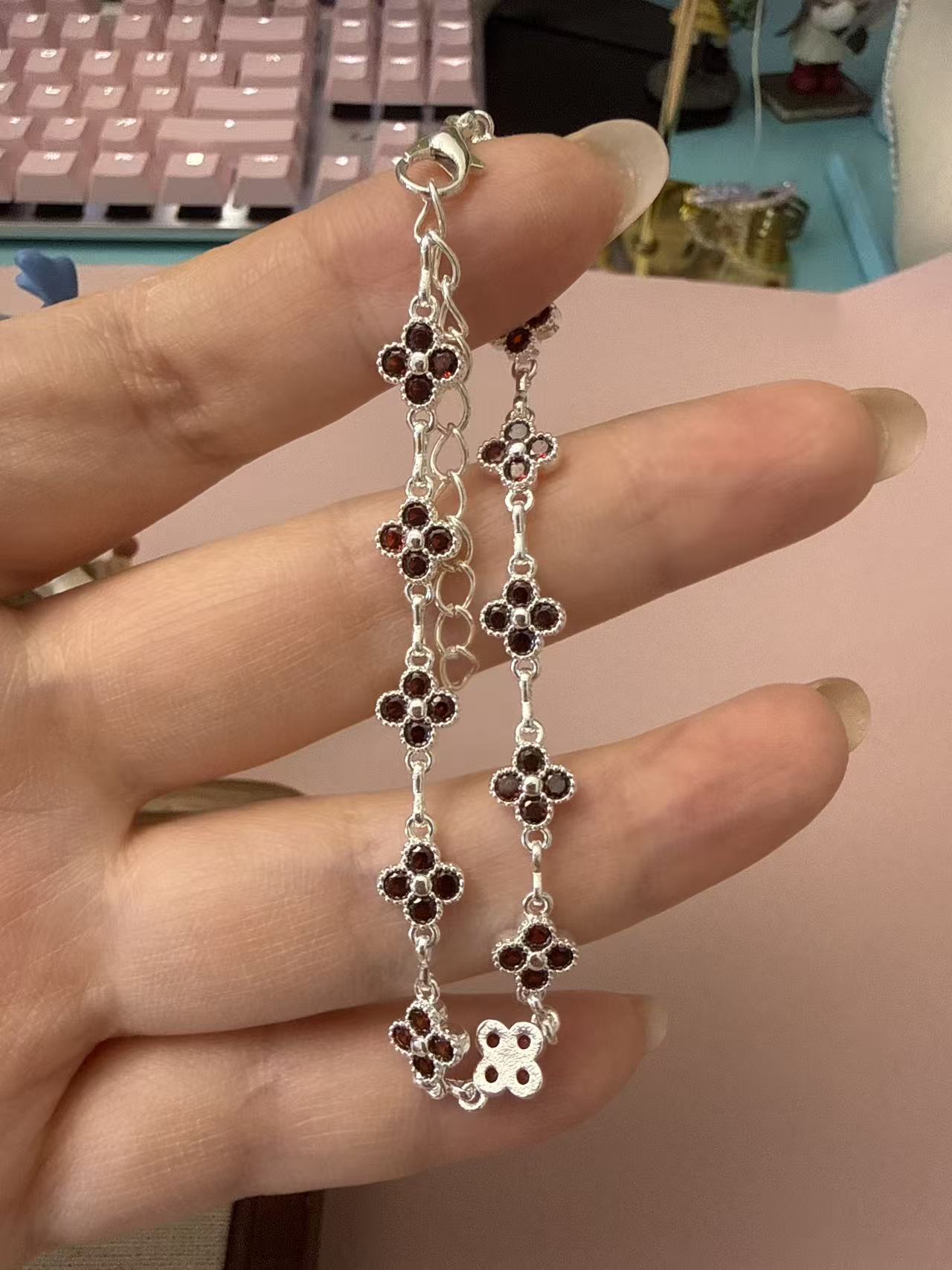 Dainty Silver Four-Leaf Clover Bracelet with Pink Zircon Accents B20