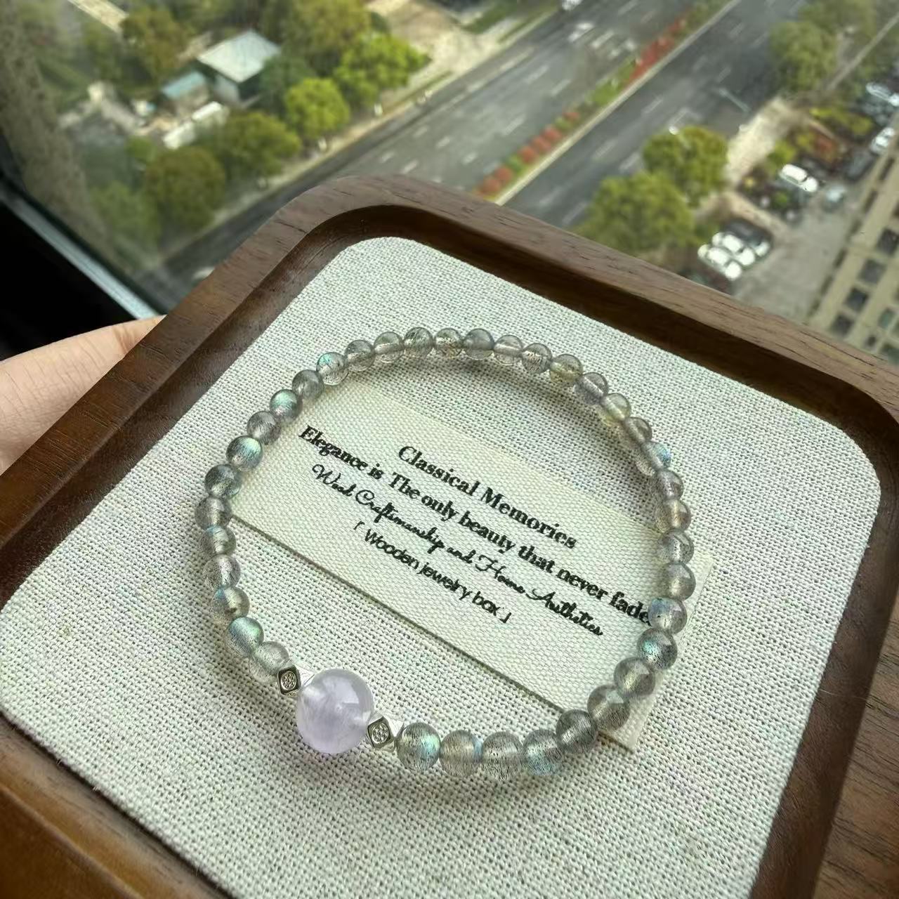Dainty Gray Moonstone & Amethyst Beaded Bracelet, Feminine Jewelry B144