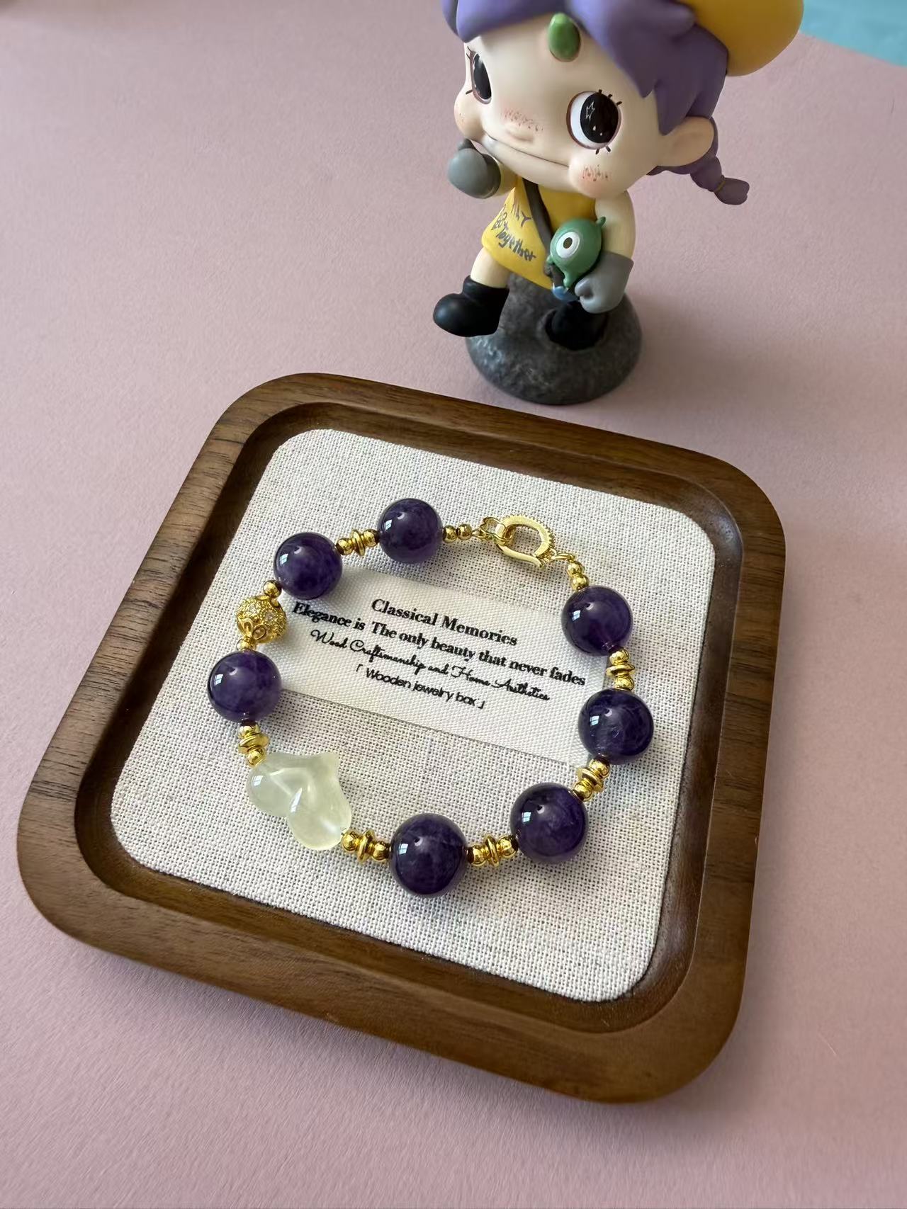 elegant amethyst and citrine beaded bracelet with gold accented heart charm, unique refined crystal jewelry for women B388