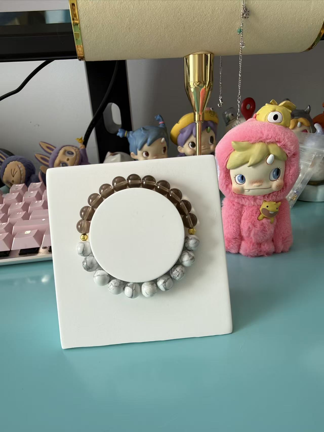 Natural Smoky Quartz & Howlite Beaded Bracelet with Gold Accents B51