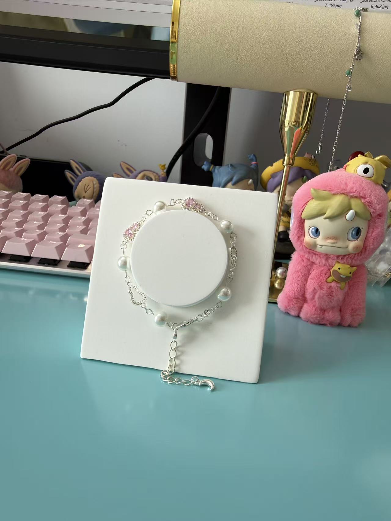 Dainty Silver Faux Pearl & Pink Zircon Bracelet with Gourd Charm B308
