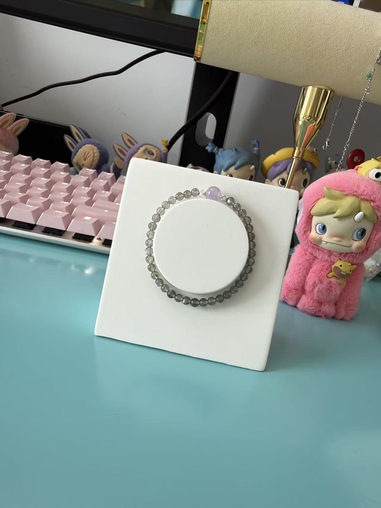 Dainty Gray Moonstone & Amethyst Beaded Bracelet, Feminine Jewelry B144